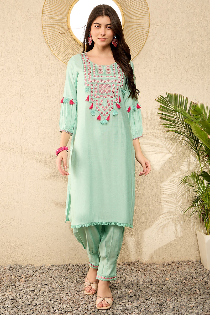 Ahika Sea Green Viscose Rayon Solid Embroidered Straight Salwar Kurta Set VKSET1528