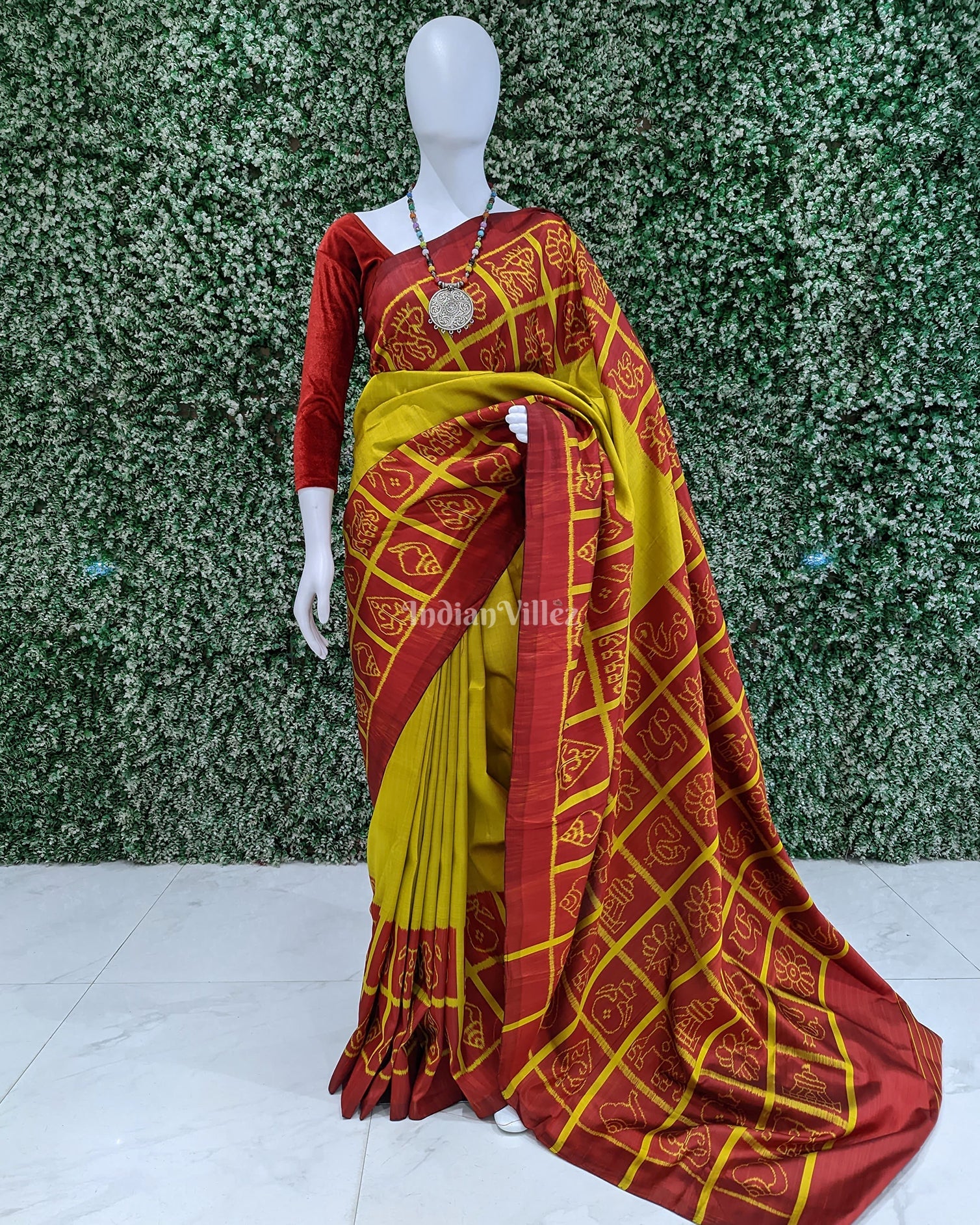 IndianVillèz Red Yellow Nabakothi Contemporary Designer Silk Saree