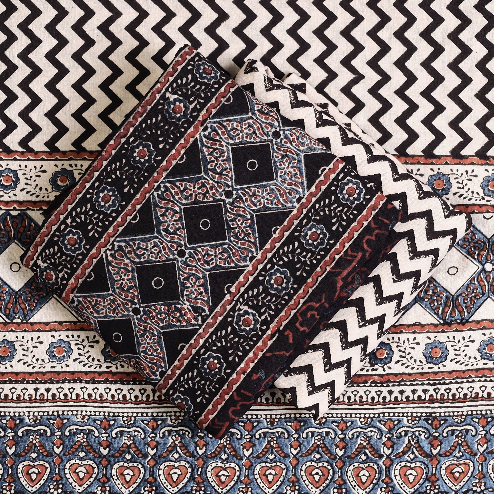 AJRAKH BY JABBAR KHATRI Black - 3pc Ajrakh Block Printed Cotton Suit Material Set - view 2
