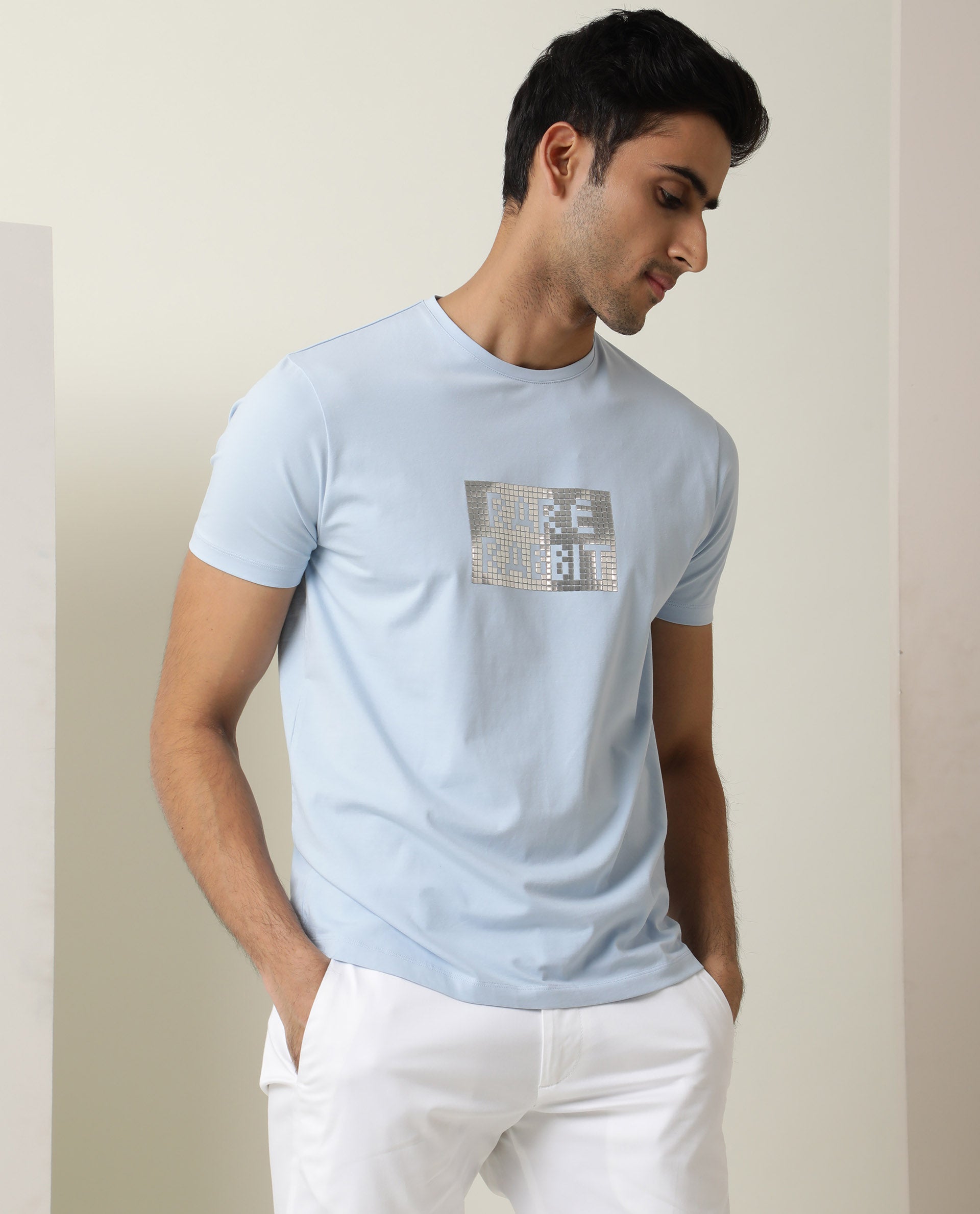 Rare Rabbit Men's Seal Pastel Blue Cotton Lycra Fabric Crew Neck Half Sleeves Regular Fit Foil HD Print T-Shirt - view 6