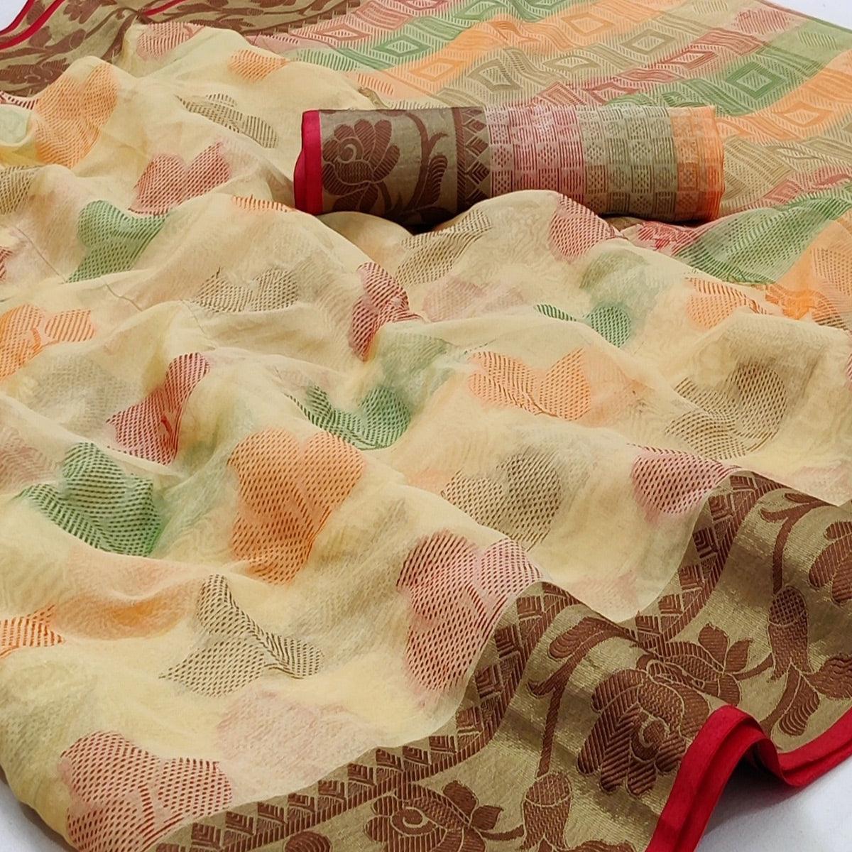 Peachmode Chikoo Festive Wear Woven Rich Pallu Organza Saree - view 2
