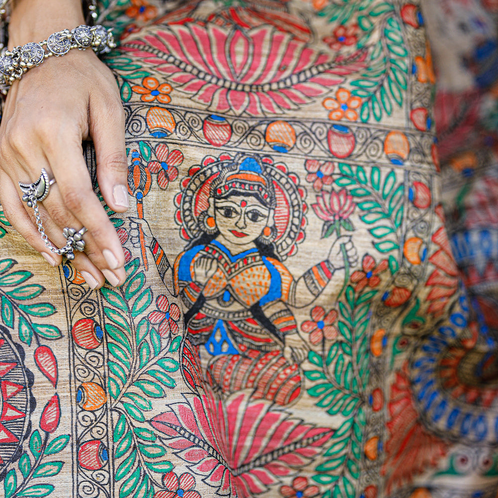 DIORAMA DESIGNS Brown - Madhubani Hand-Painted Durga Incarnations Tussar Ghicha Silk Saree - view 7