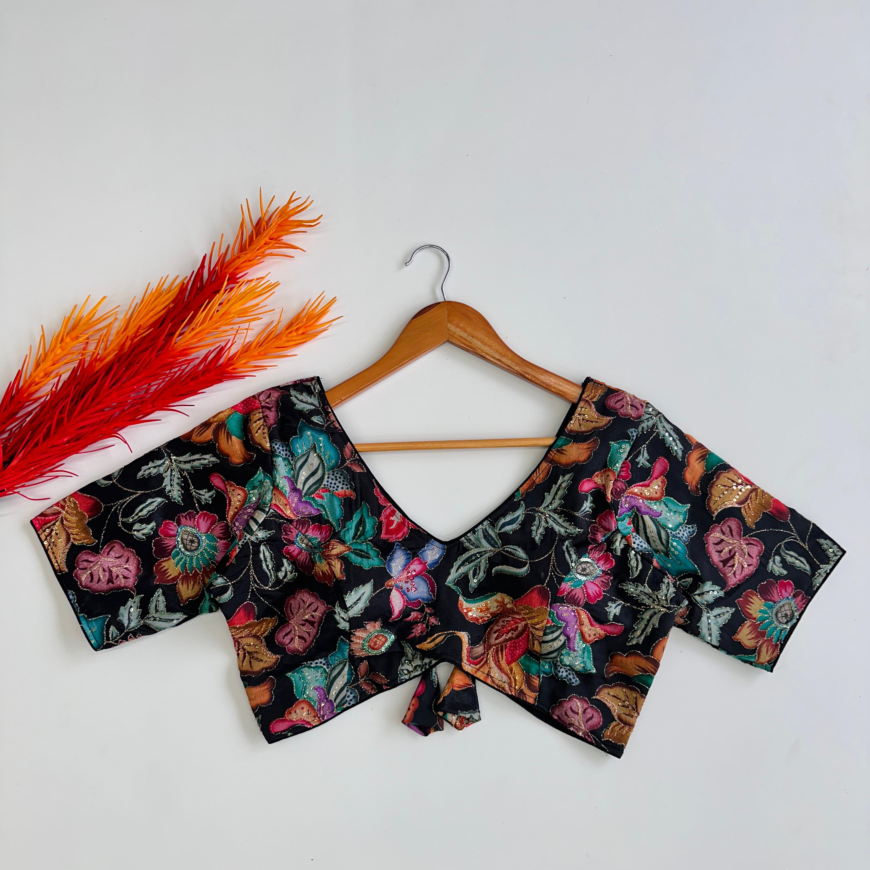 ClothsVilla Black Elegant Hand-Embroidered Tofu Silk Blouse with Sequins