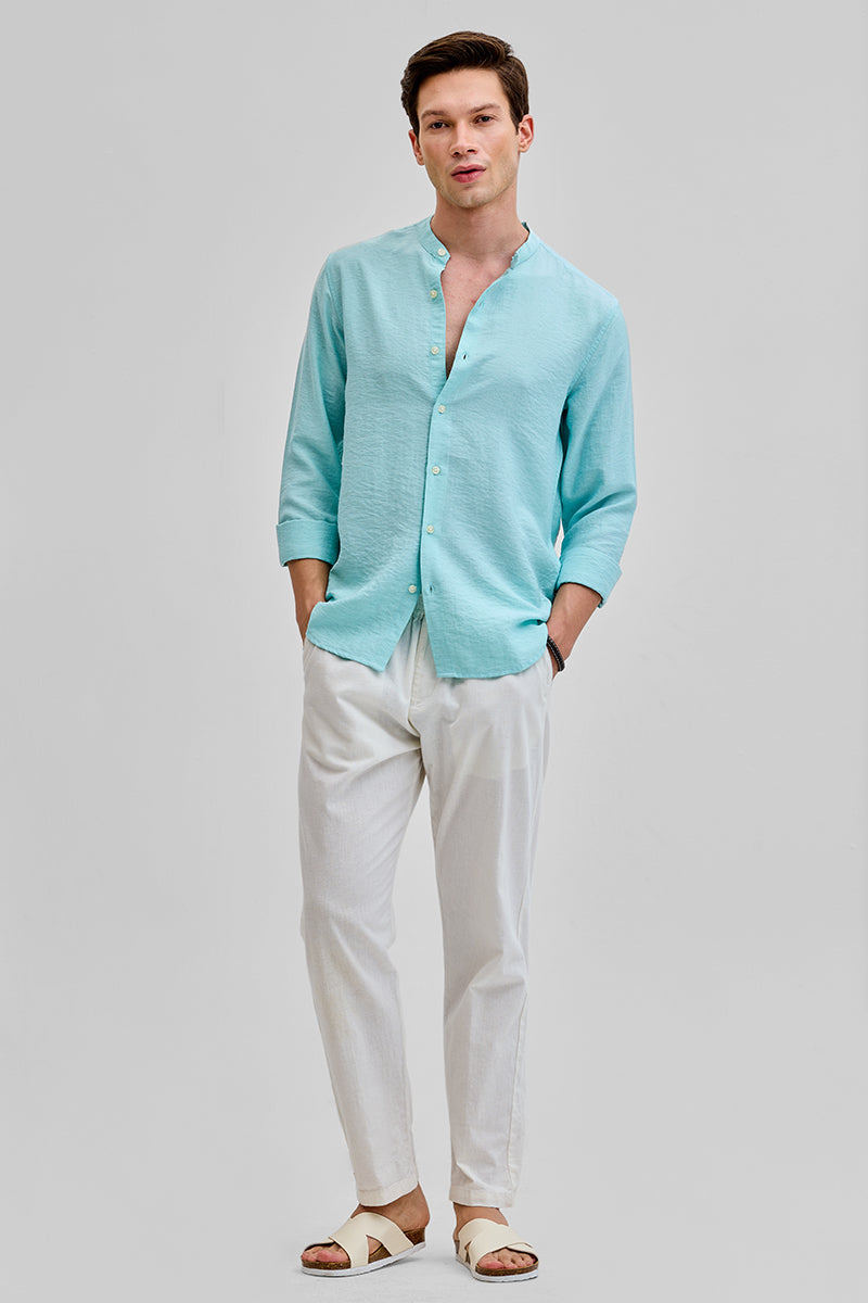 SNITCH Light Blue Mandarin Linen Blend Shirt - view 3