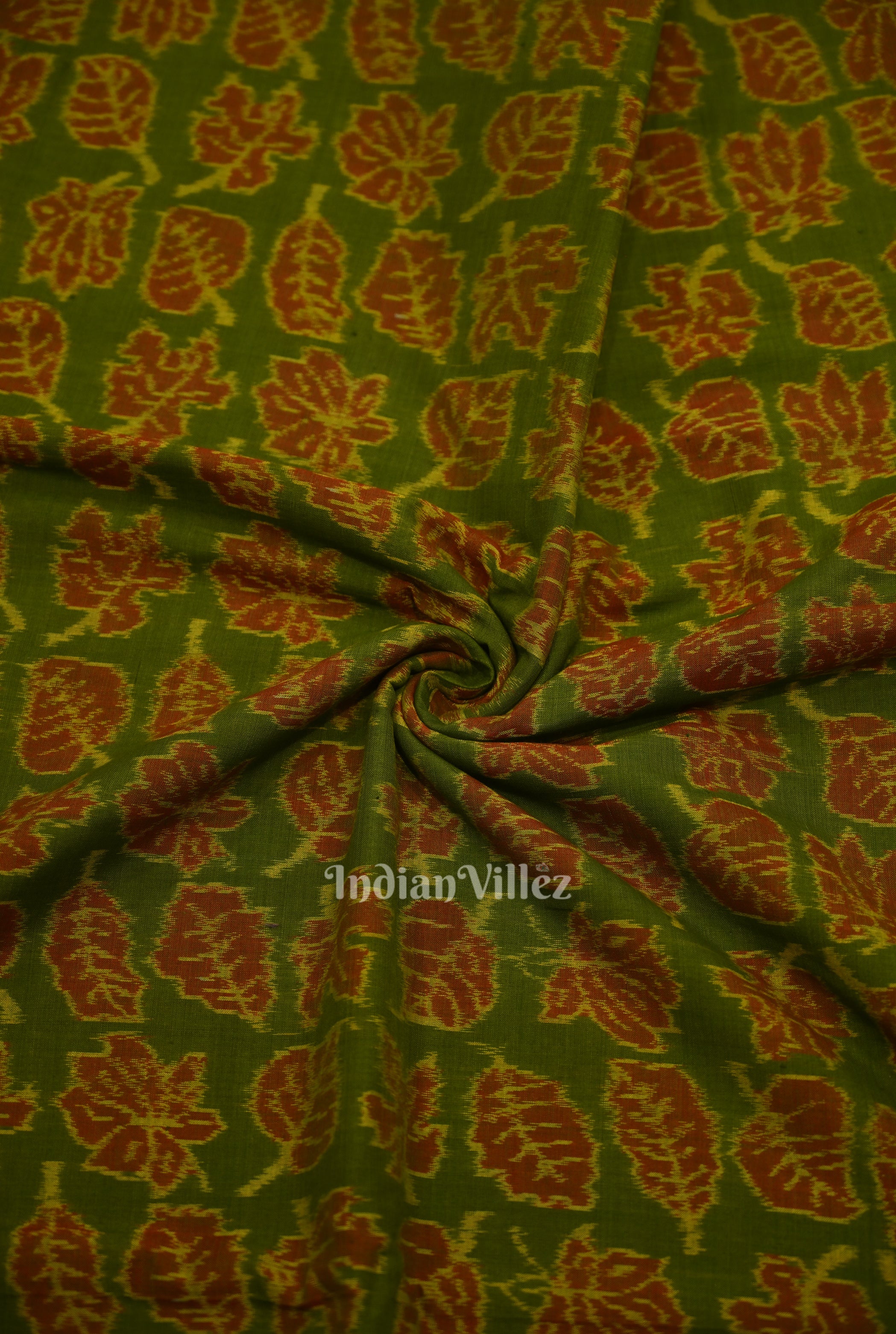IndianVillèz Green Autumn Leaves Motif Sambalpuri Ikat Cotton Fabric