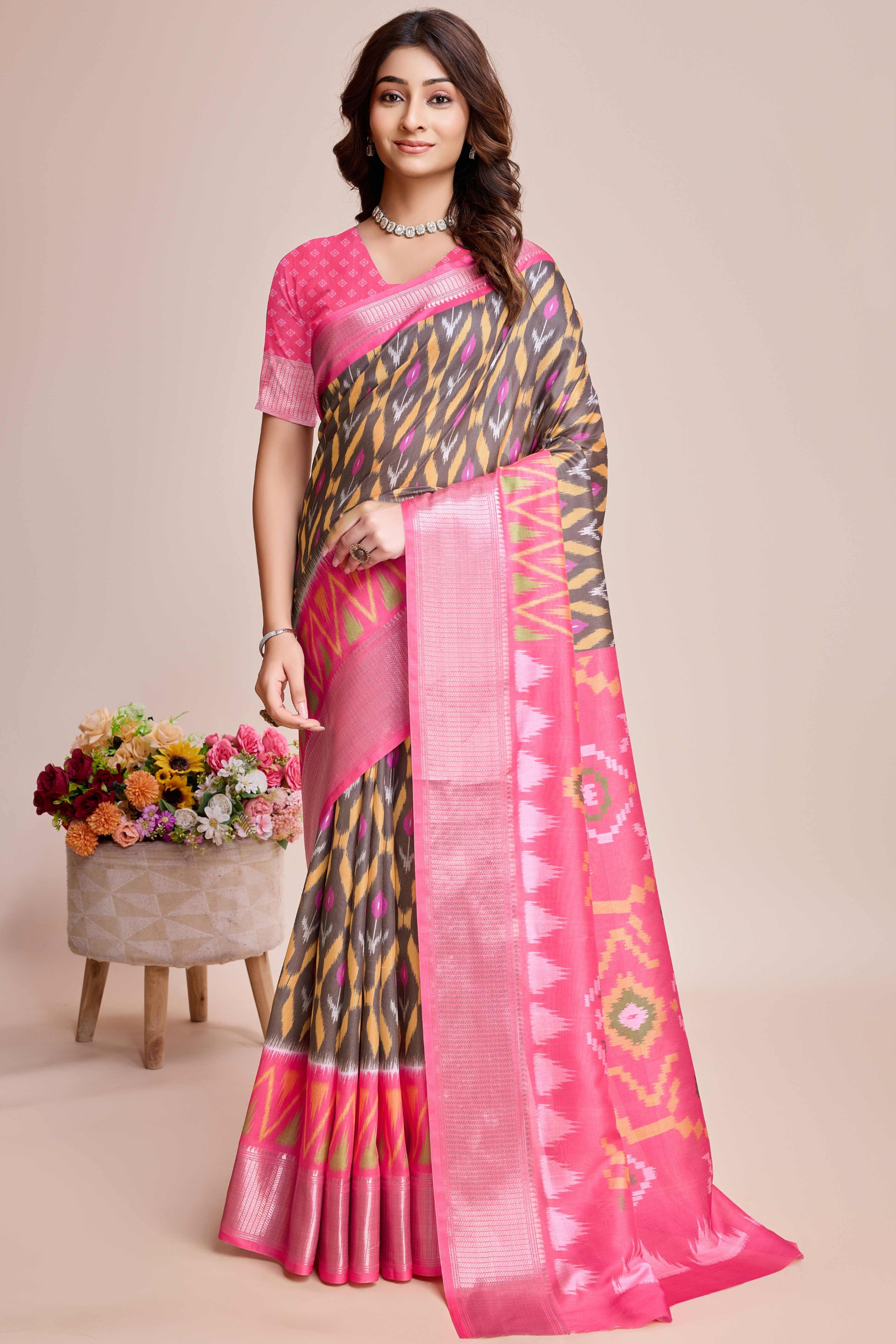 Peachmode Brown Patola Printed Dola Silk Saree