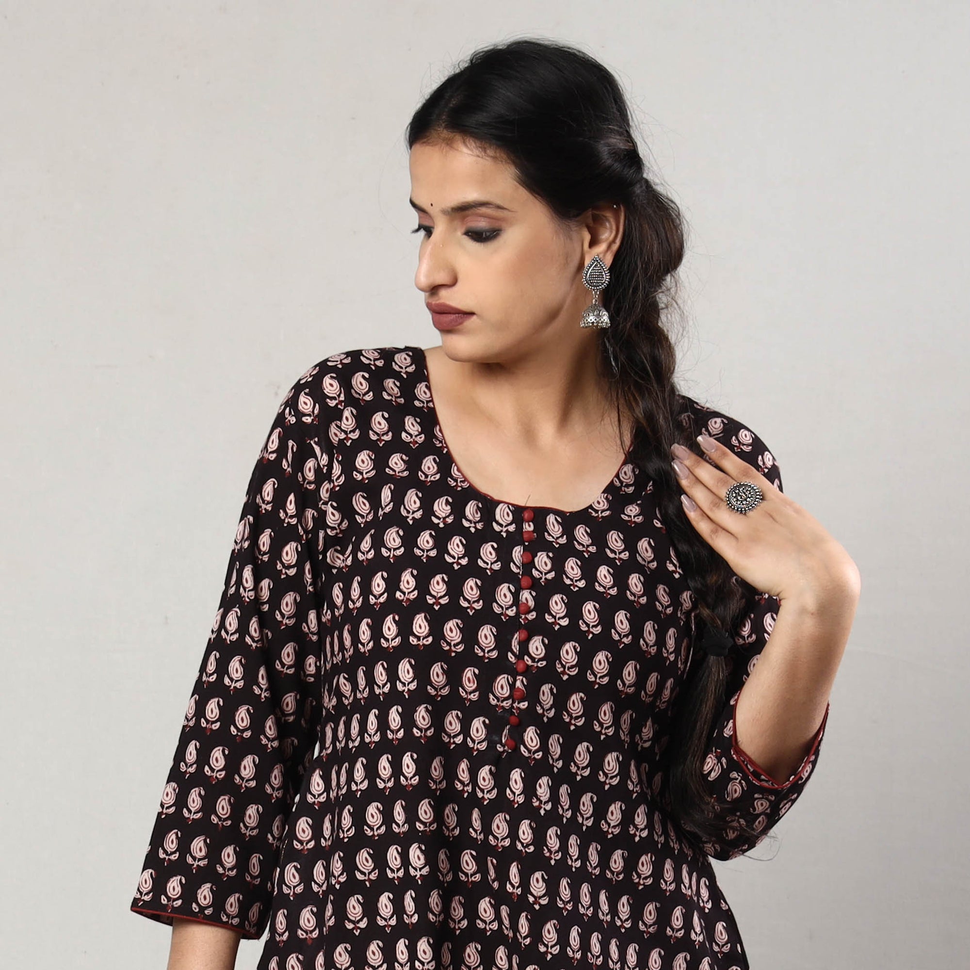 ITOKRI CASUALS Black & White - Block Print Cotton A-Line Bagh Kurta