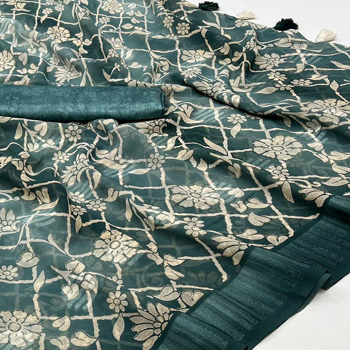 Peachmode Deep Sea Green Floral Foil Printed Georgette Saree With Tassels - view 2