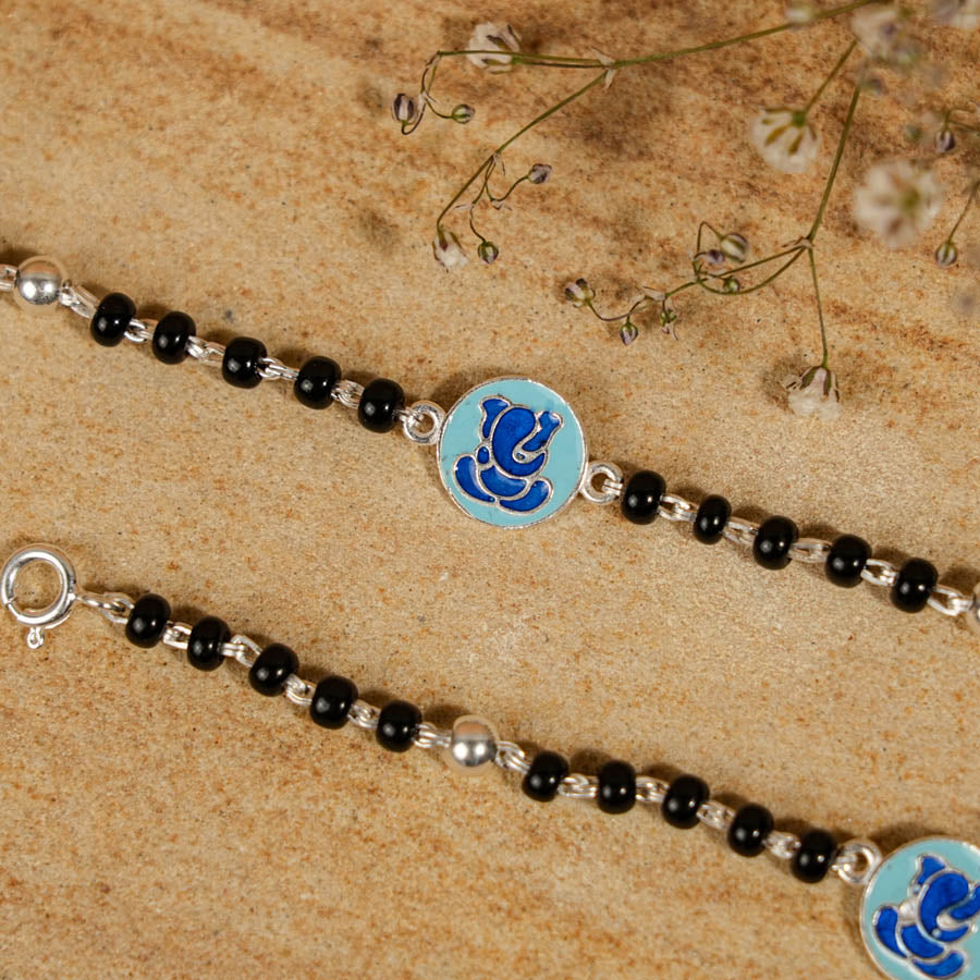 Prinjal Jewellers black beads Ganesh silver nazariya for kids