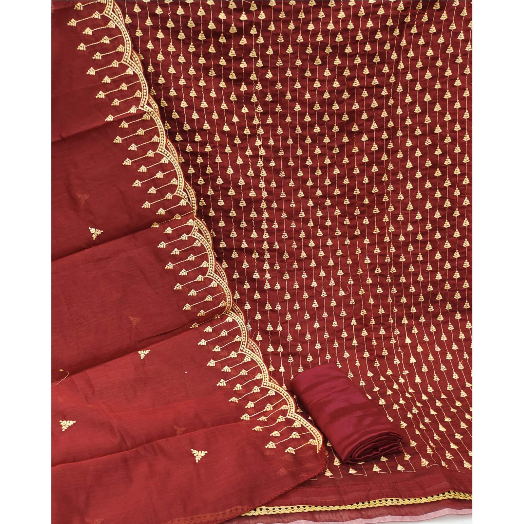 Peachmode Maroon Casual Wear Embroidered Modal Chanderi Dress Material - view 2
