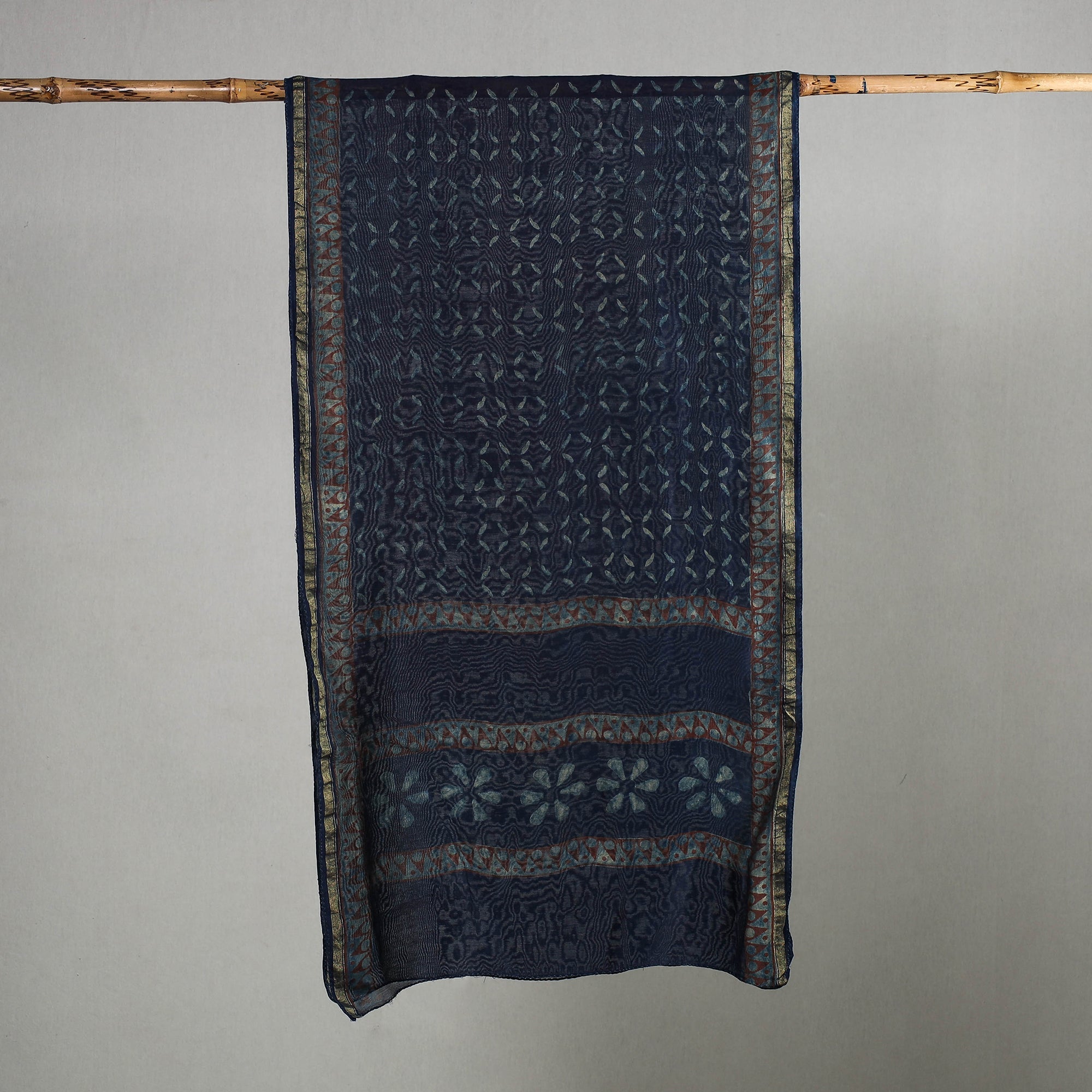 HAVELI CHRONICLES Blue - Akola Block Printed Chanderi Silk Handloom Stole with Zari Border - view 2