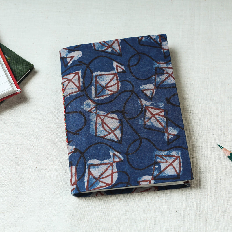 CHUTNEY CRAFT STUDIO Blue - Art Block Print Fabric Cover Handmade Paper Notebook (7 x 5 in)
