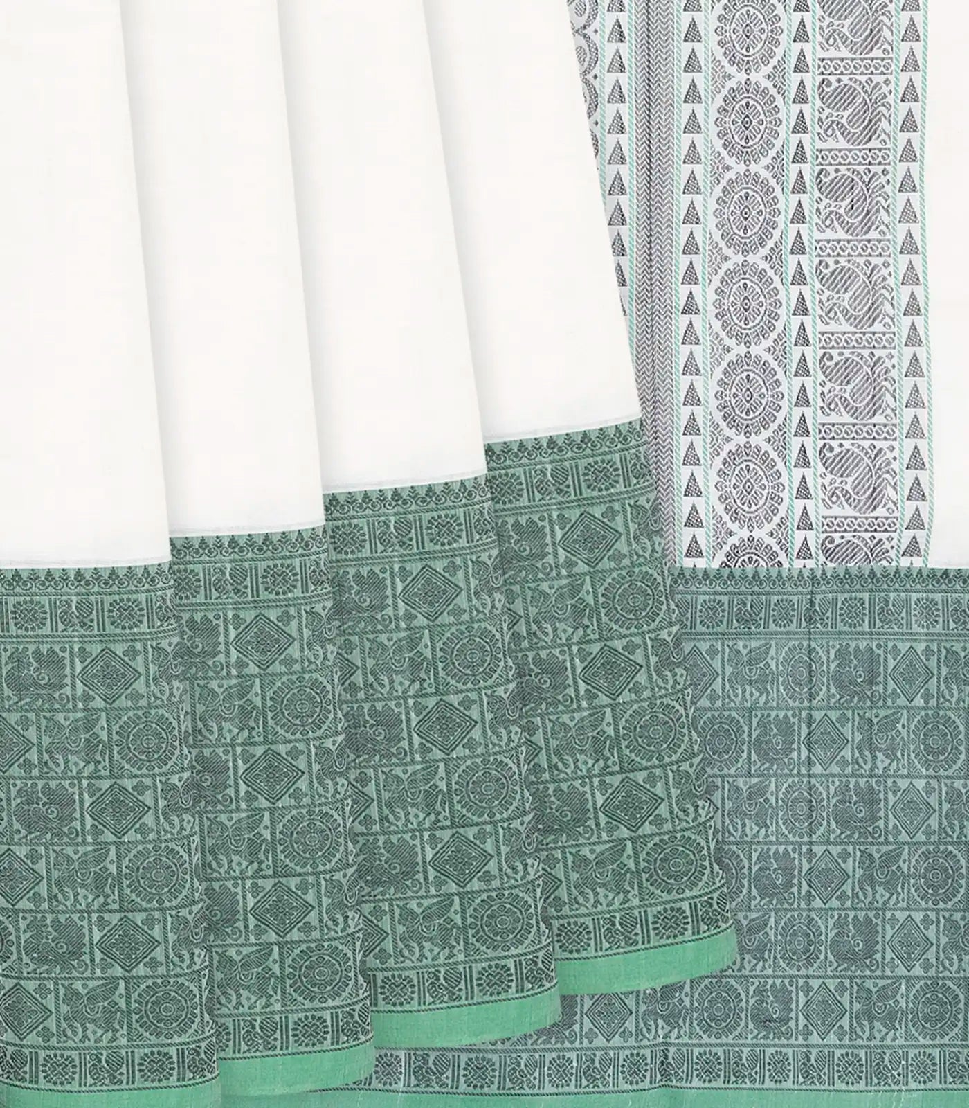 RmKV White Handloom Kanchi Cotton Saree With Annam Motifs In Ganga Jamuna Border-White