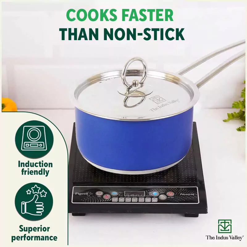 The Indus Valley Tri-Steel Premium Stainless Steel Saucepan/ Milk/ Tea Pan, Tri-ply (3 Layer) Induction Bottom, Steel Lid, 1.4L, Blue - view 7