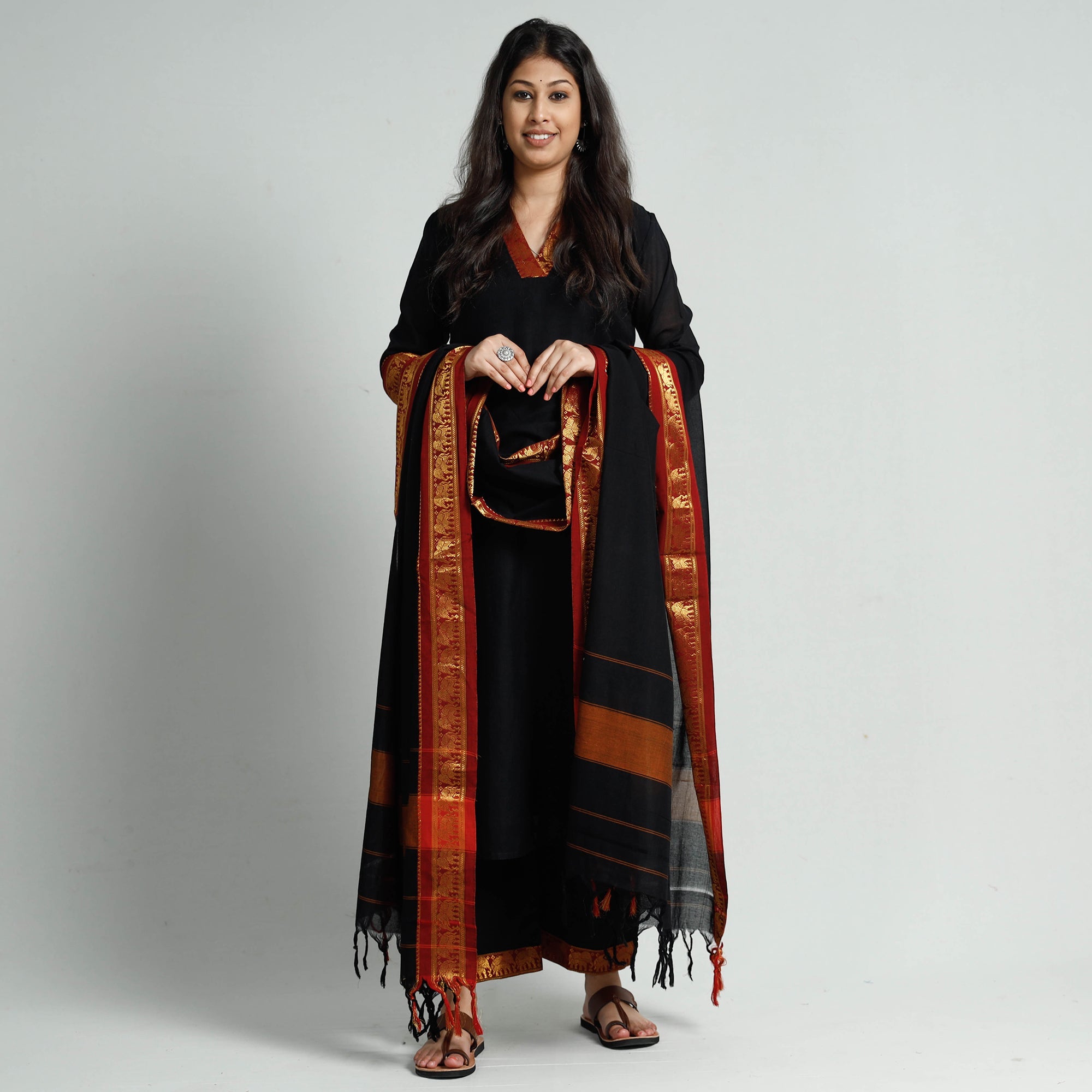 ITOKRI CASUALS Black Dharwad Cotton Kurta with Palazzo & Dupatta Set - view 2