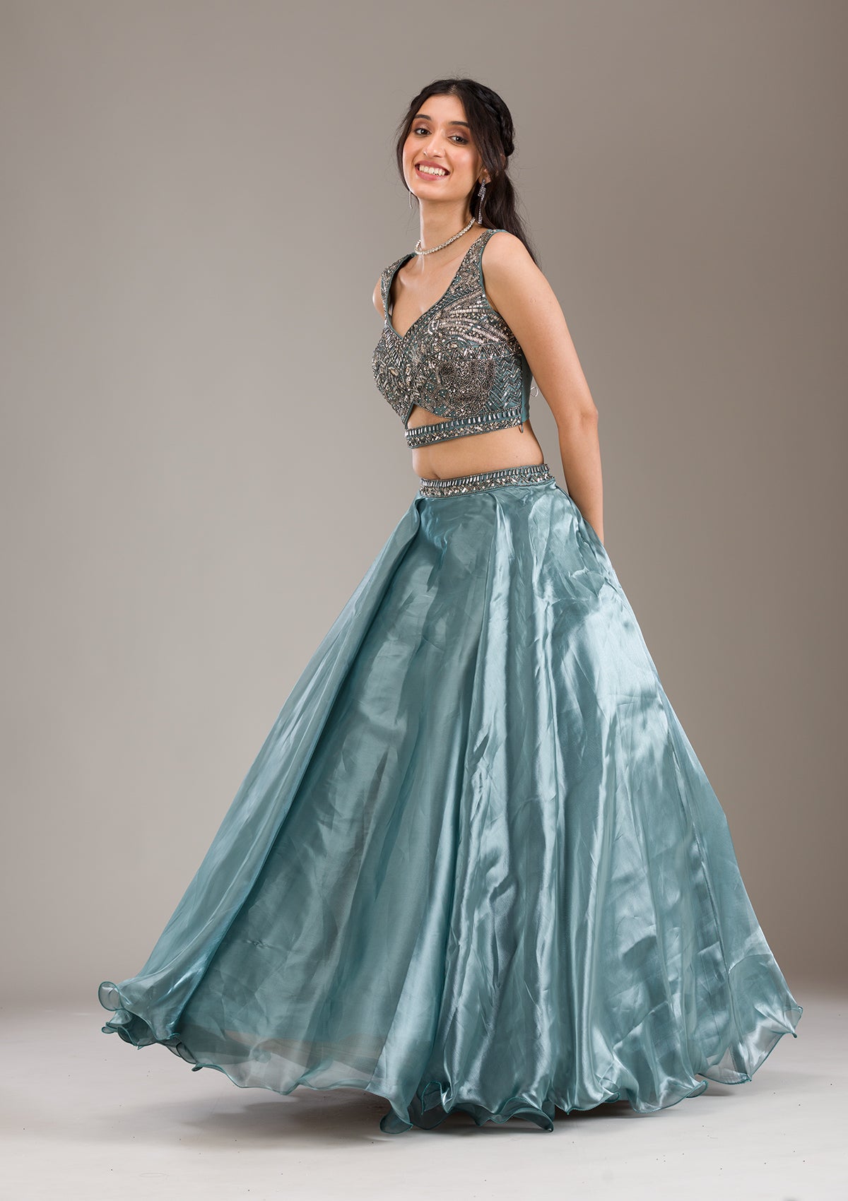 Koskii Sea Green Cutdana Organza Readymade Lehenga - view 4