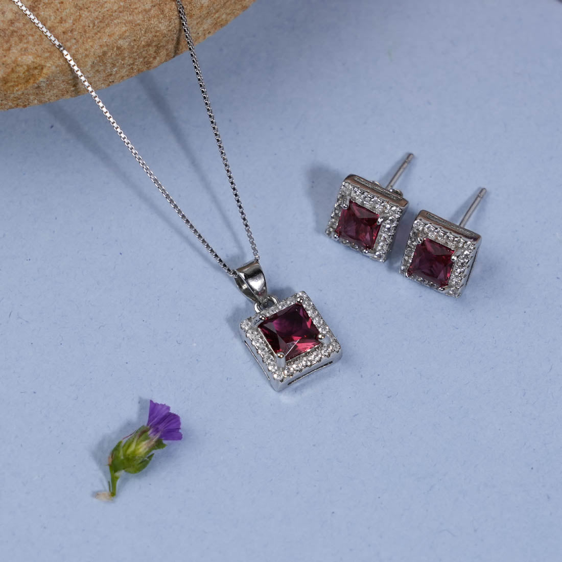 Prinjal Jewellers Real Silver Set Chain Pendant and Earrings with Red Stones for Women