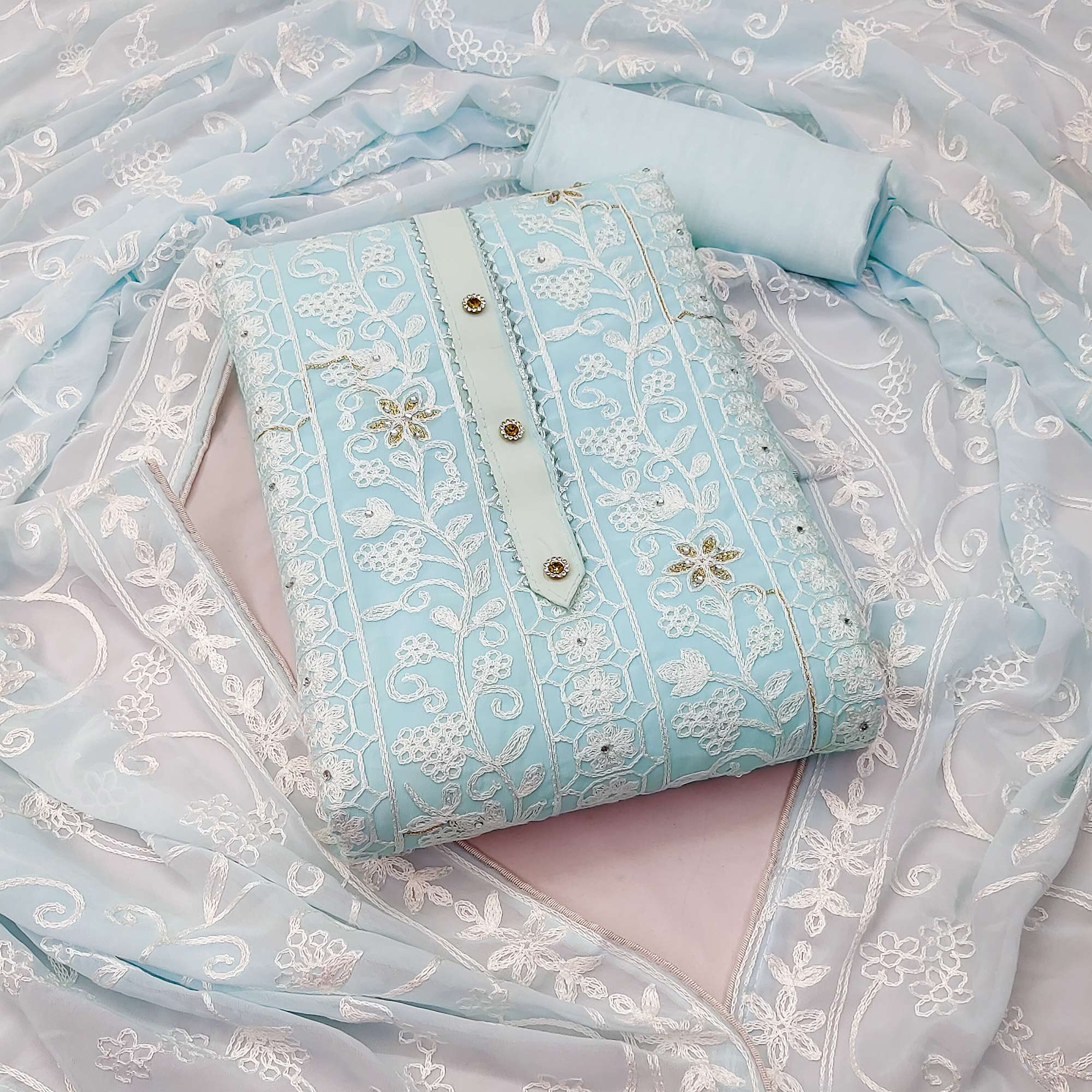Peachmode Light Blue Lucknowi Embroidered Georgette Dress Material