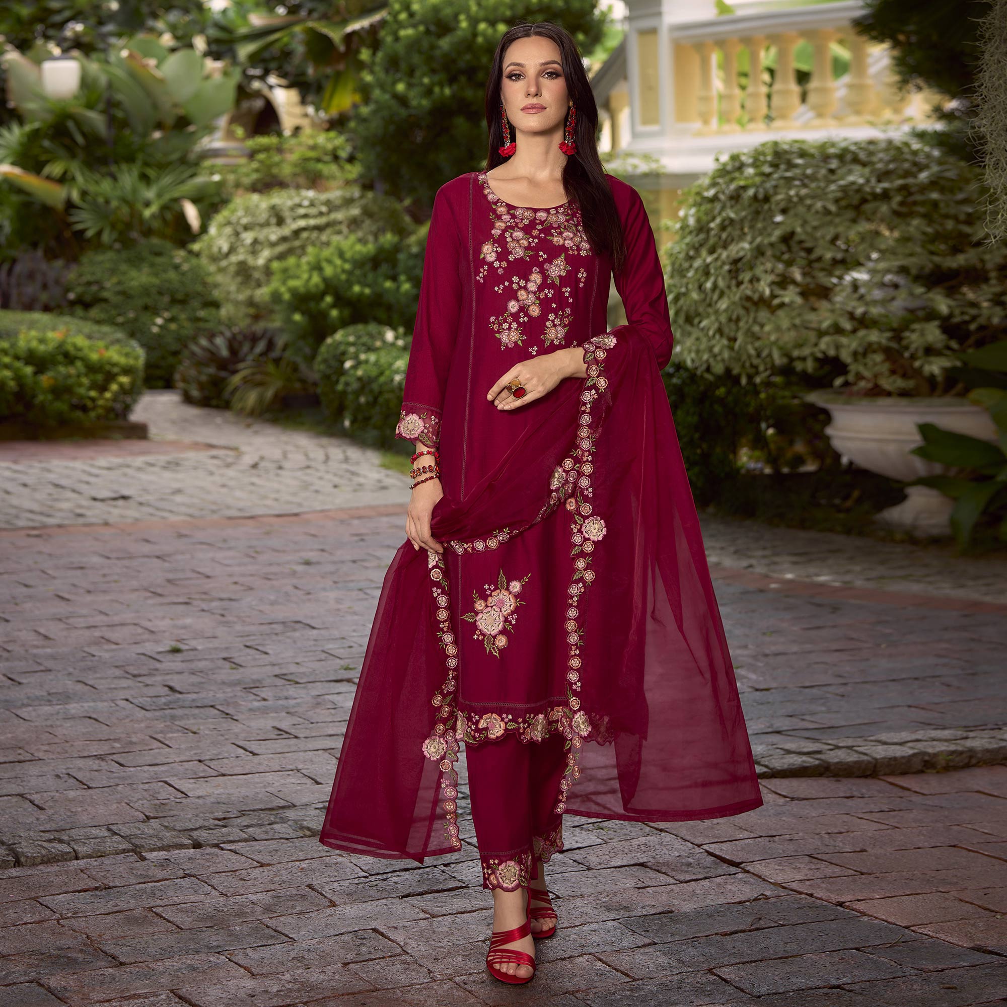 Peachmode Maroon Floral Handwork Embroidered Viscose Salwar Suit - view 4