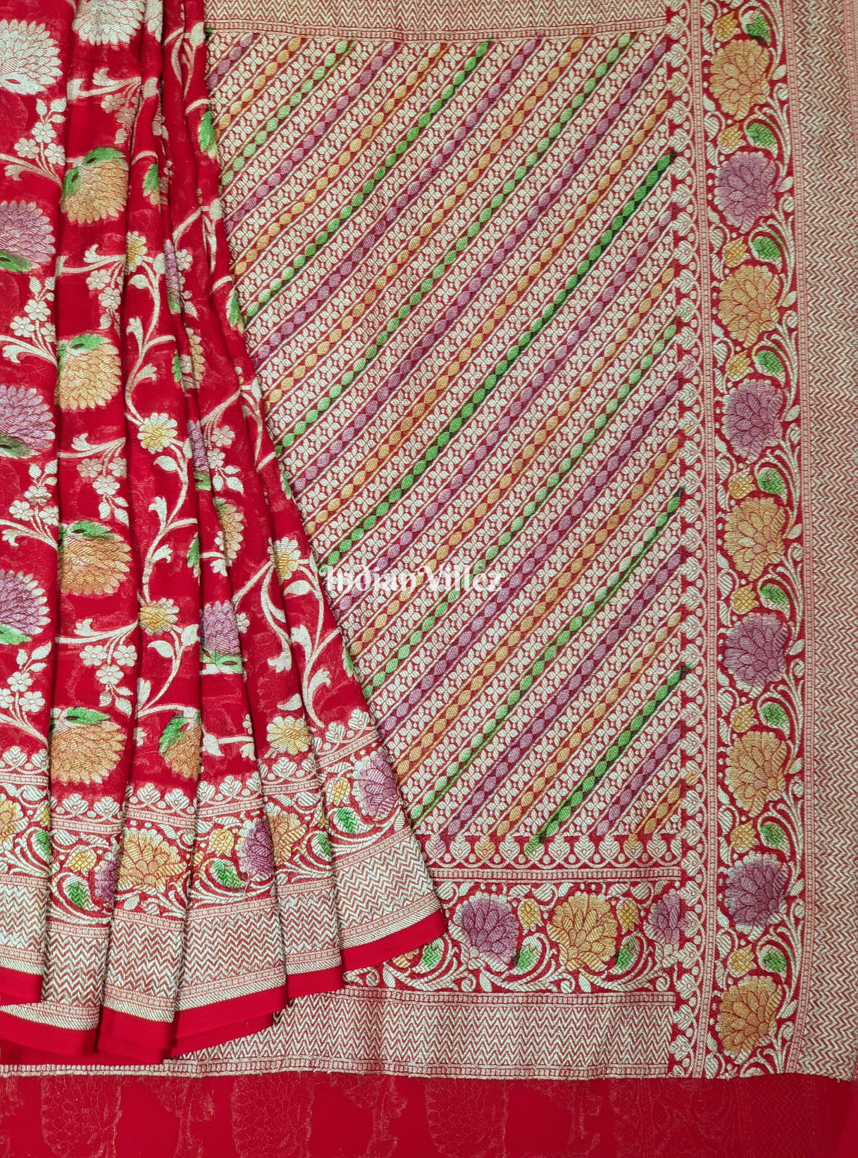 IndianVillèz Red Flower Design Banarasi Khaddi Georgette Saree