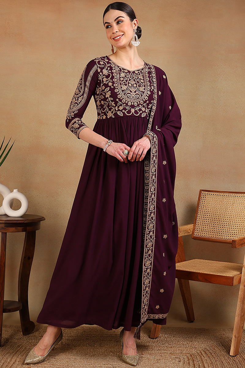 Ahika Maroon Poly Georgette Embroidered Anarkali Kurta Set VKSET1513 - view 6