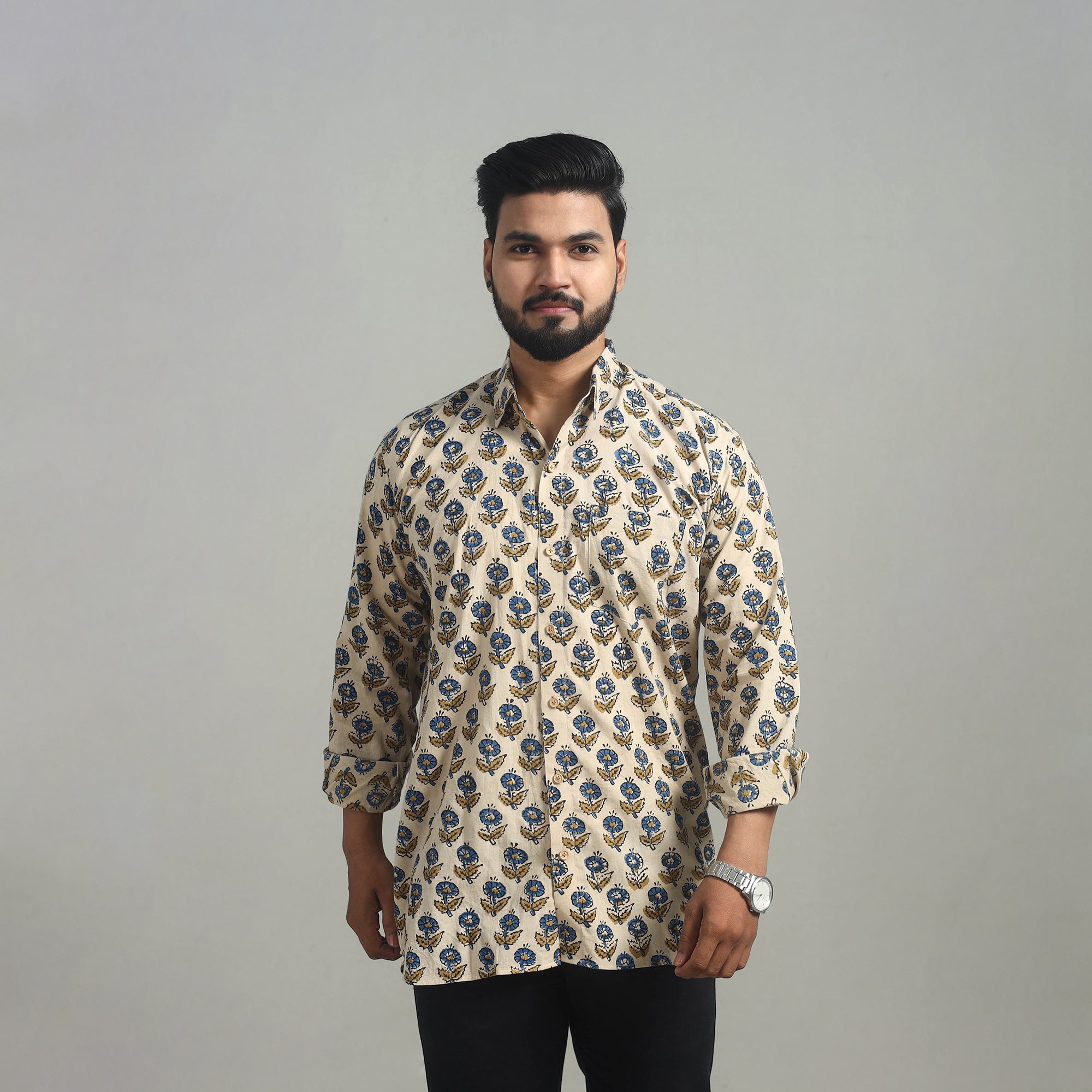 ITOKRI CASUALS Beige - Natural Dyed Cotton Men Ajrakh Print Shirt 04