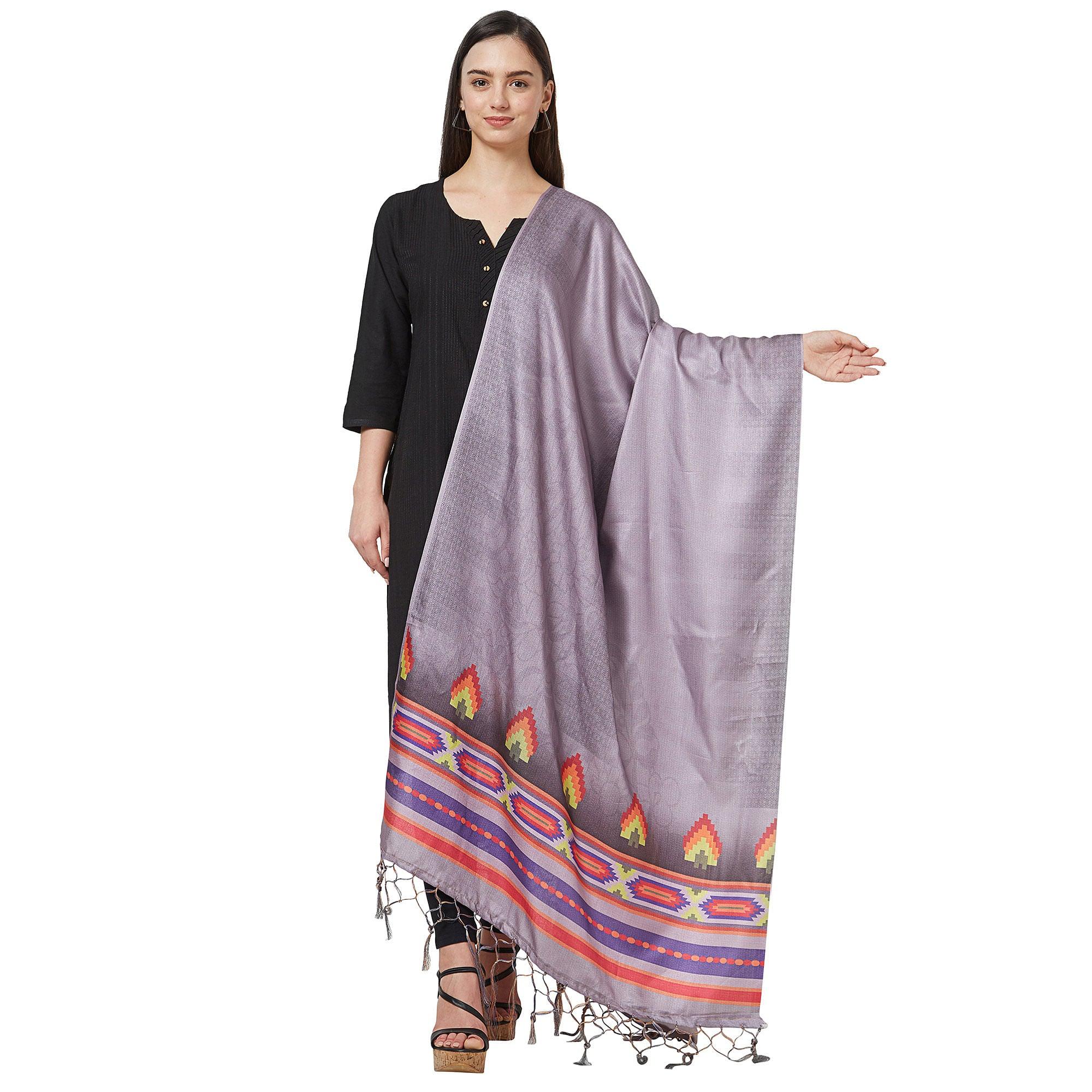 Peachmode Seller Energetic Light Gray Colored Casual Printed Pashmina Silk Dupatta