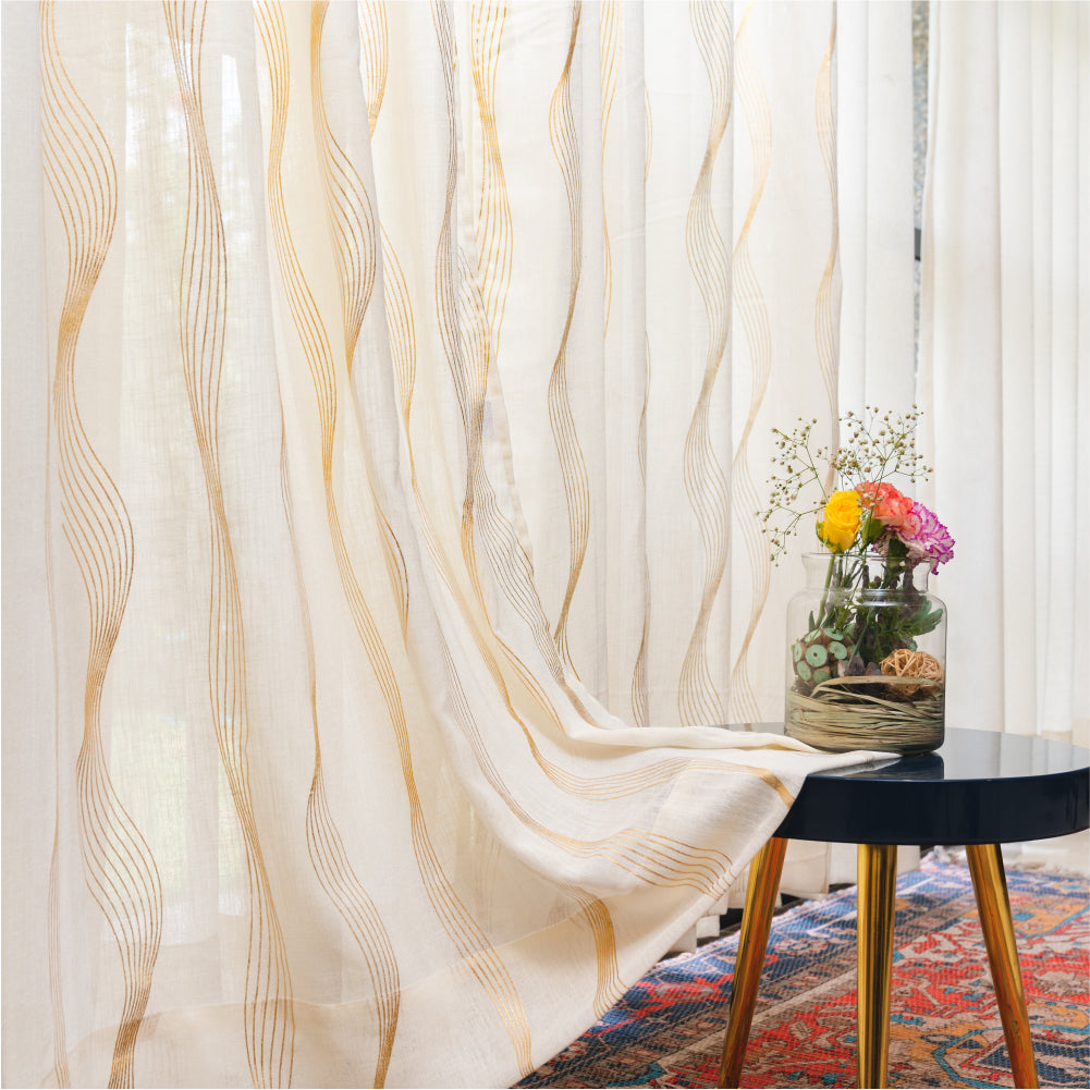 Urban Space -Home Furnishing Store Linen Textured Metallic Gold Foil Sheer Curtains, Pack of 2 Curtains - Double Wave