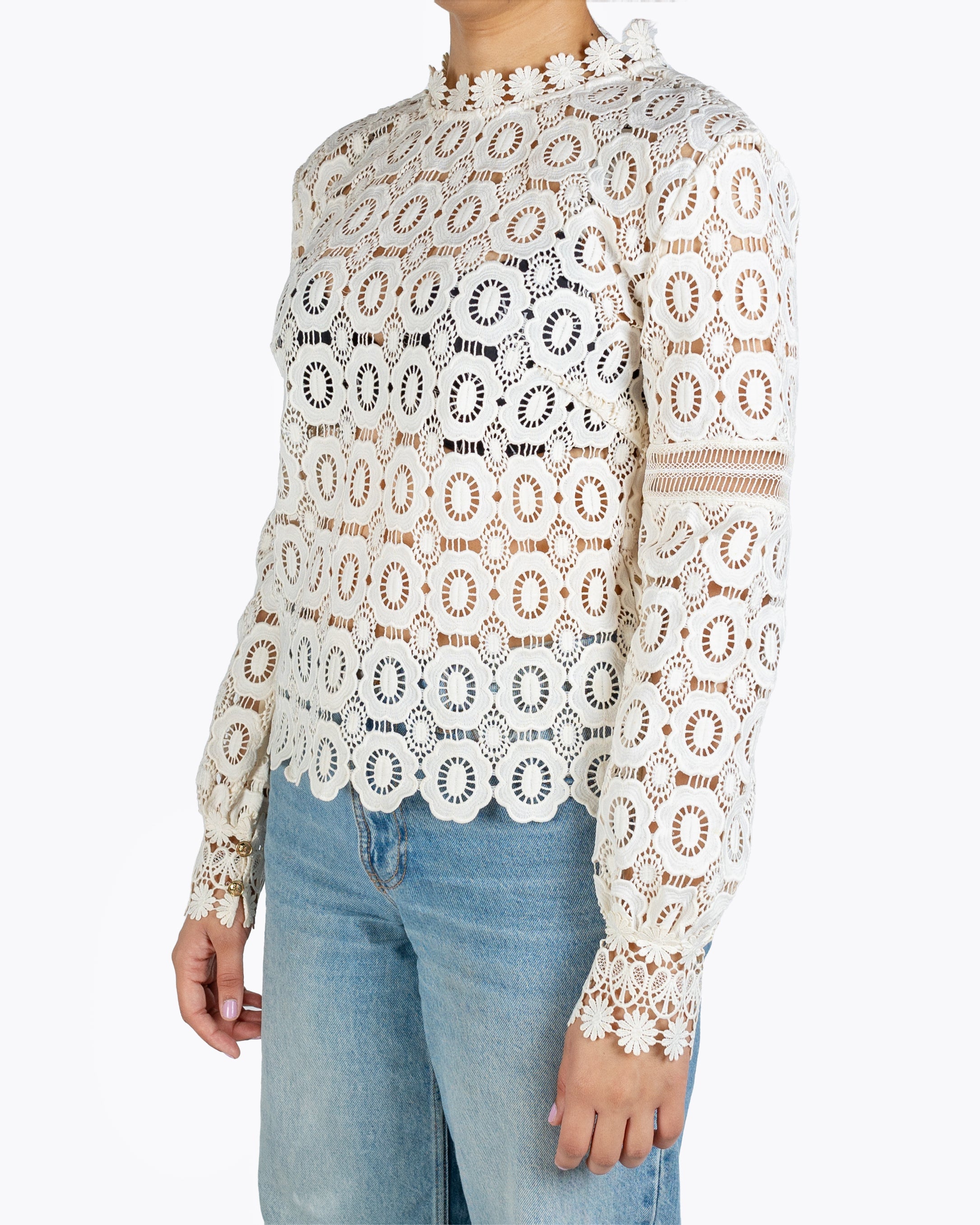Self-Portrait Long Sleeved Crochet Lace Top in White - view 2