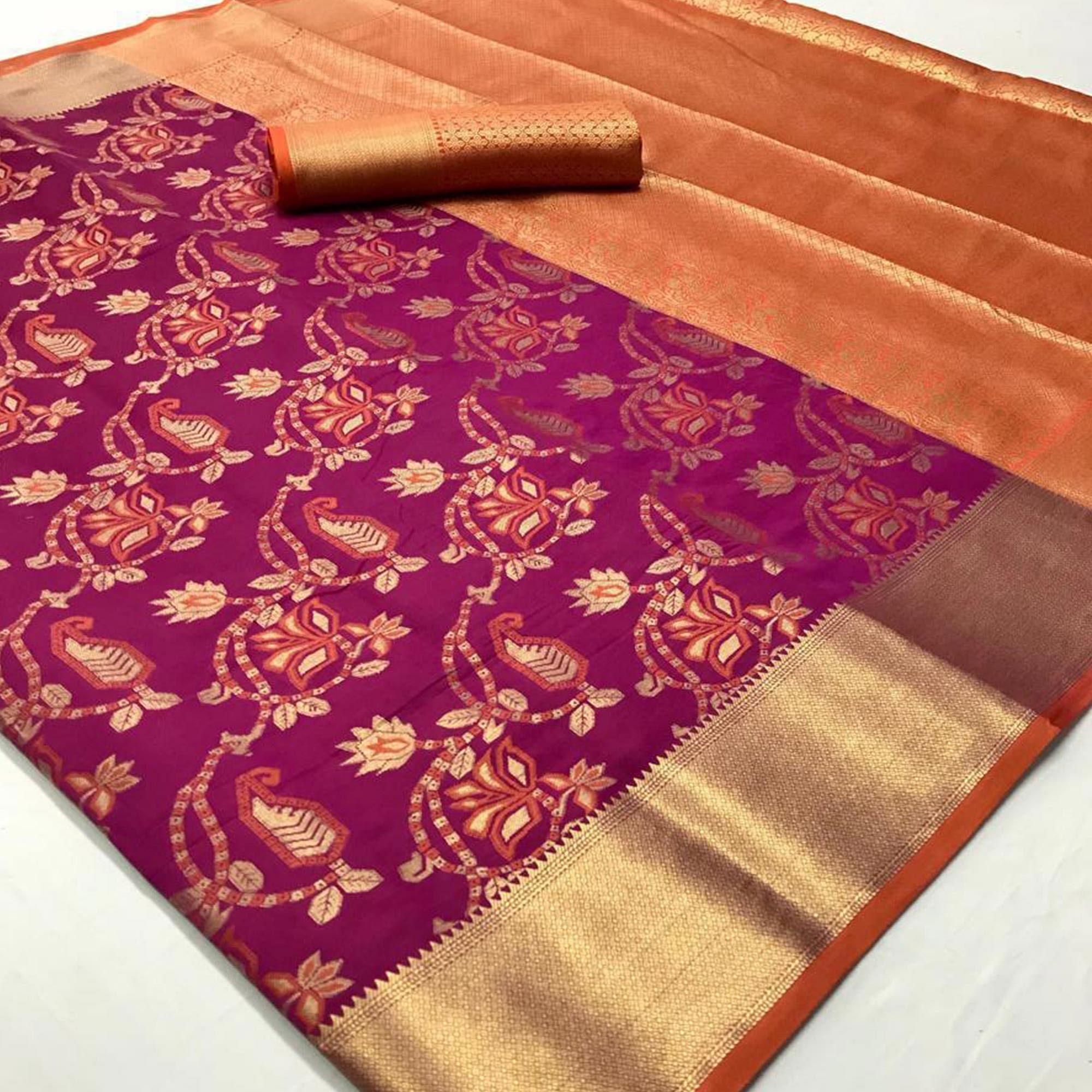 Peachmode Fantastic Deep Magenta Pink Colored Festive Wear Woven Silk Saree - view 3