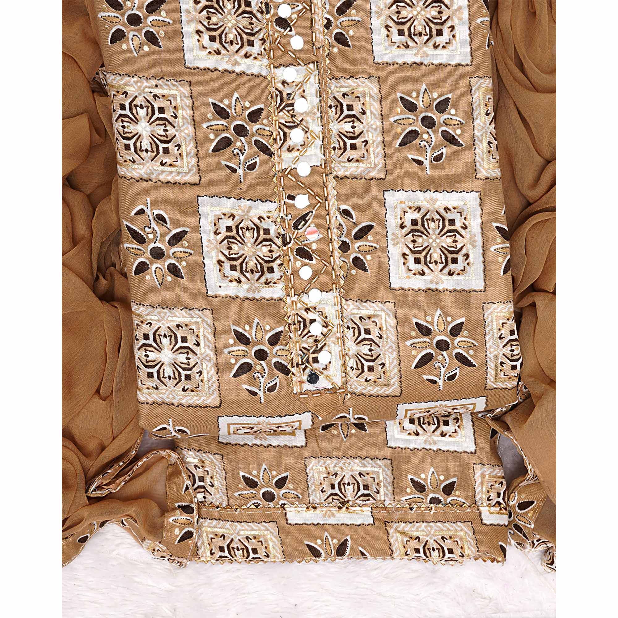 Peachmode Chikoo Floral Printed Pure Cotton Dress Material - view 4