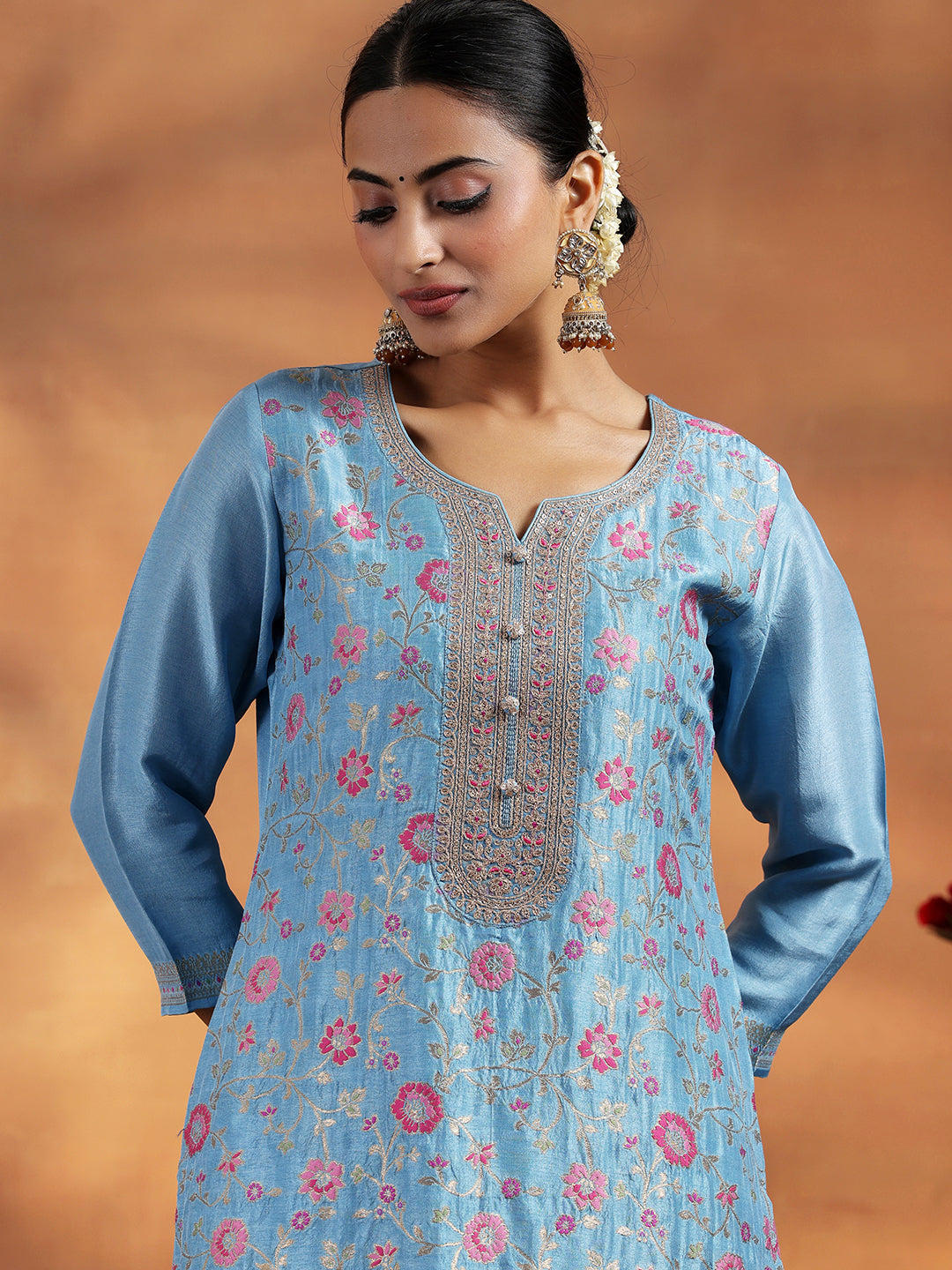 Libas Blue Woven Design Silk Blend Straight Suit With Dupatta - view 6