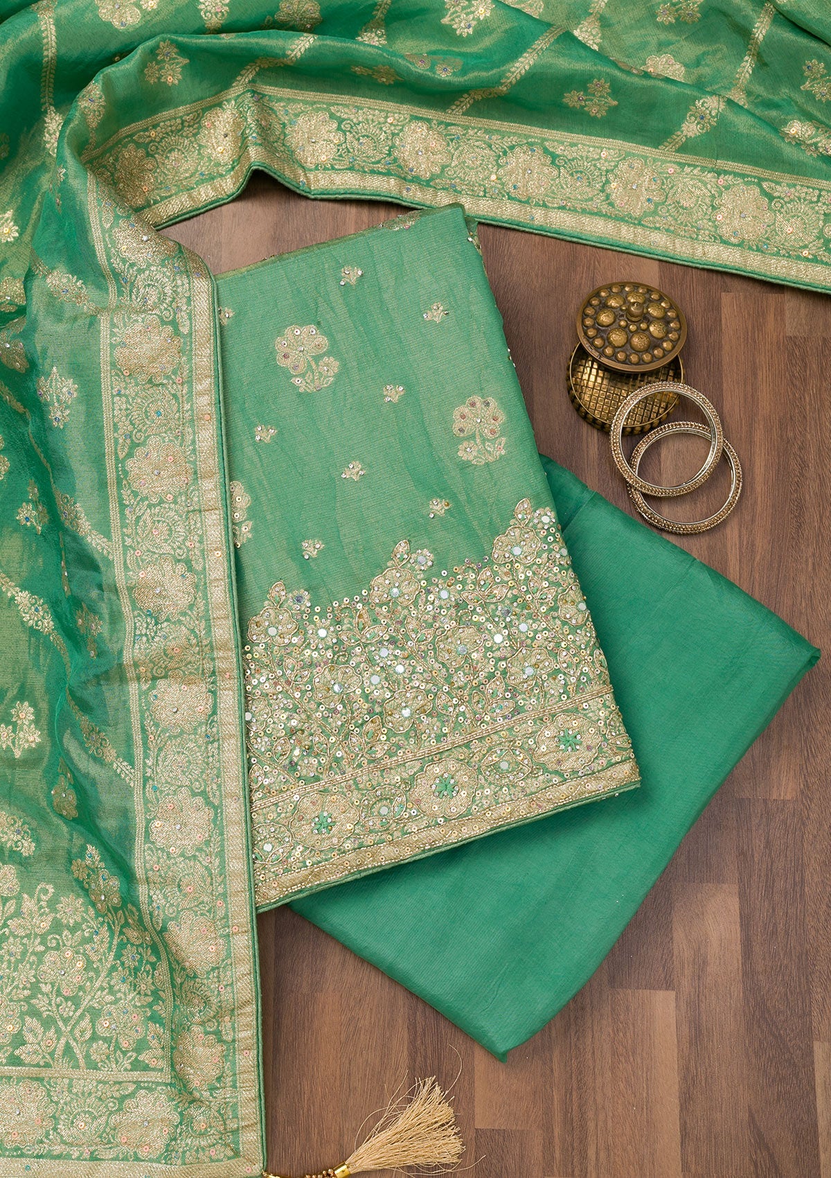 Koskii Sea Green Zariwork Semi Crepe Unstitched Salwar Suit