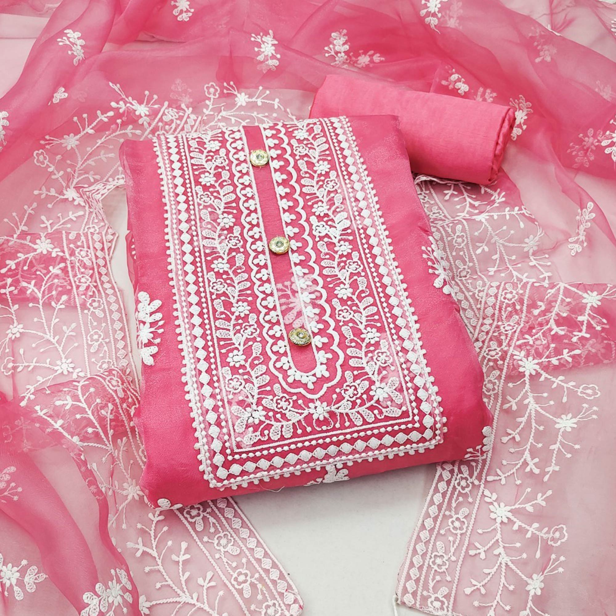 Peachmode Gajari Pink Floral Embroidered Organza Dress Material
