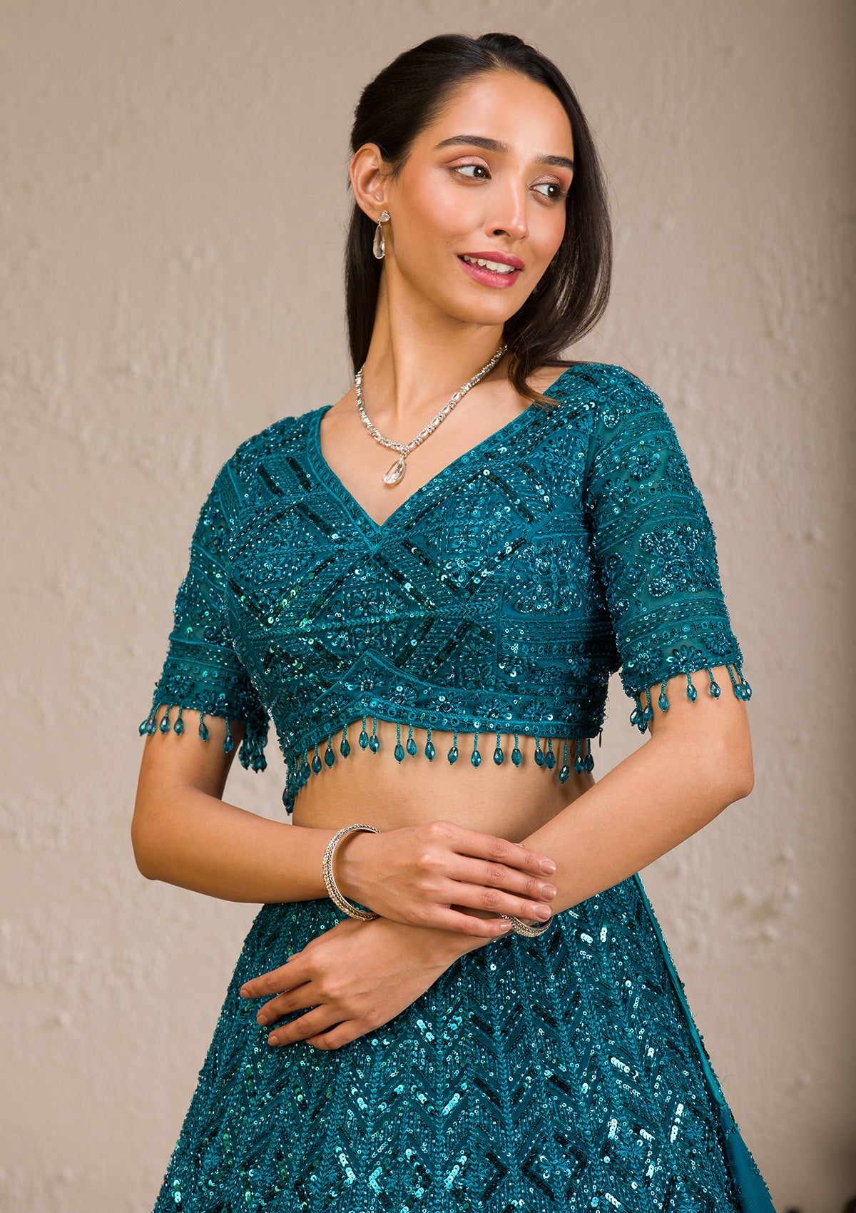 Koskii Peacock Blue Sequins Net Readymade Lehenga - view 2