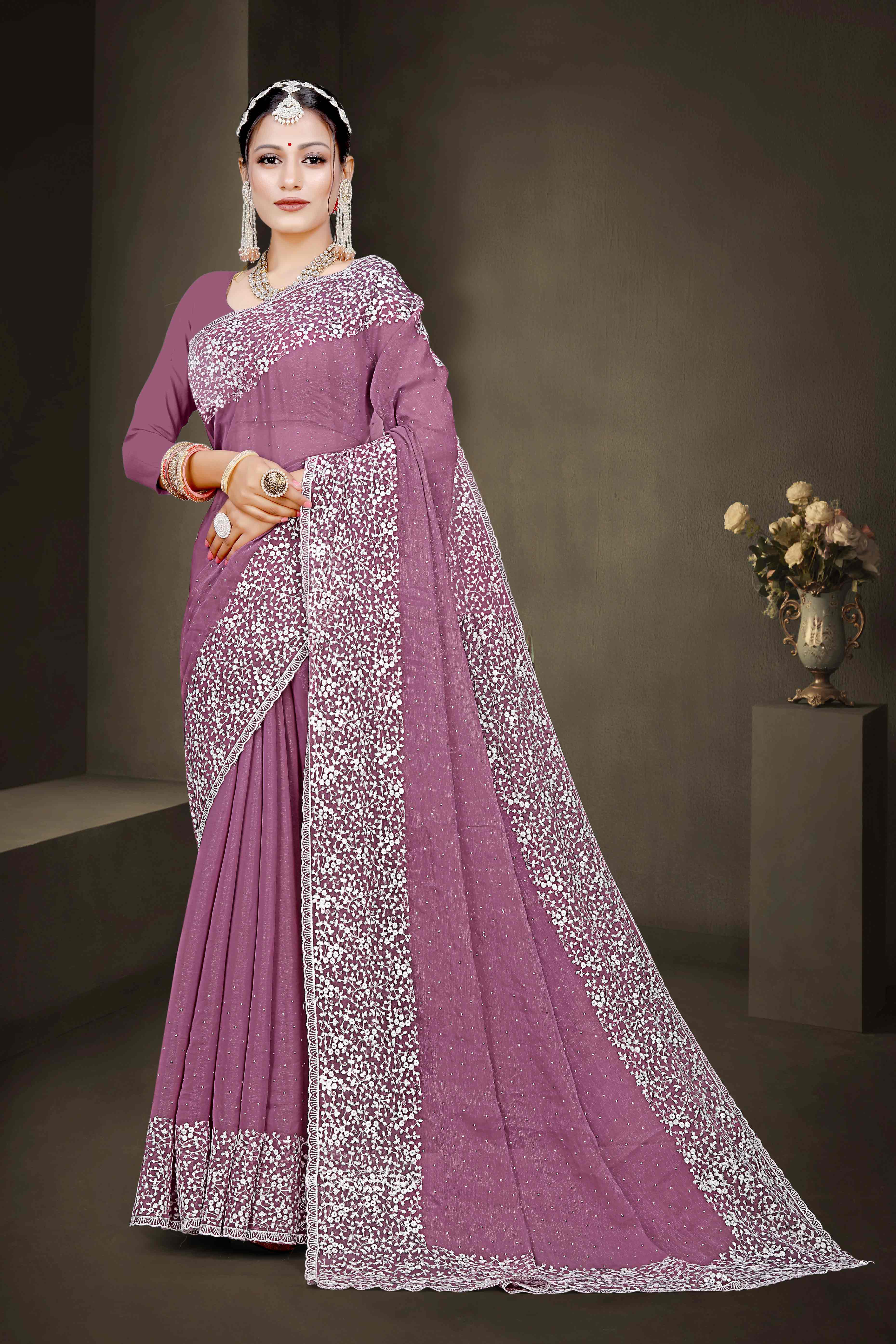 Peachmode Mauve Floral Embroidery With Stonework Chiffon Shimmer Saree - view 3