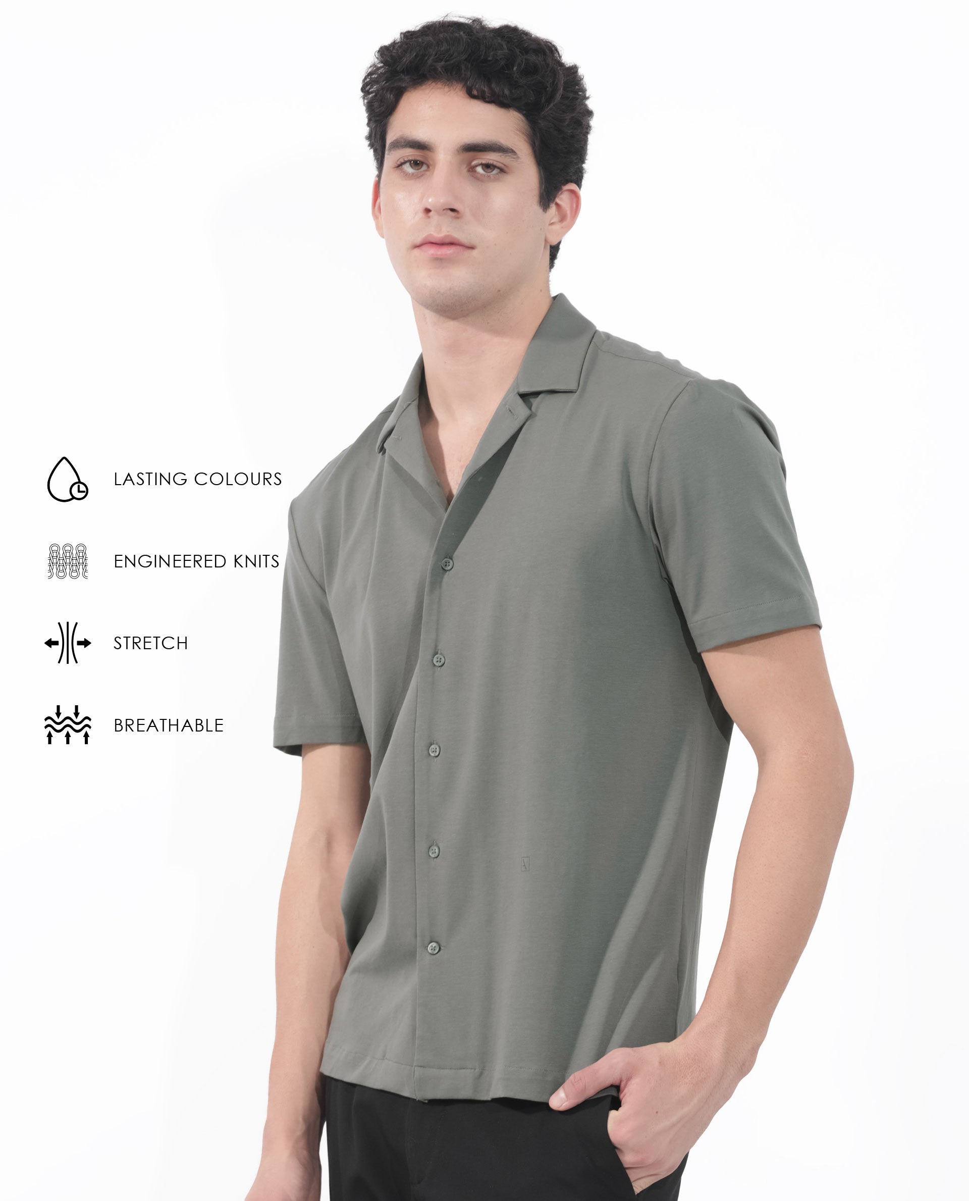 ARTICALE Rare Rabbit Men's Nick Dark Green Cotton Lycra Fabric Cuban Collar Half Sleeves Solid Shirt