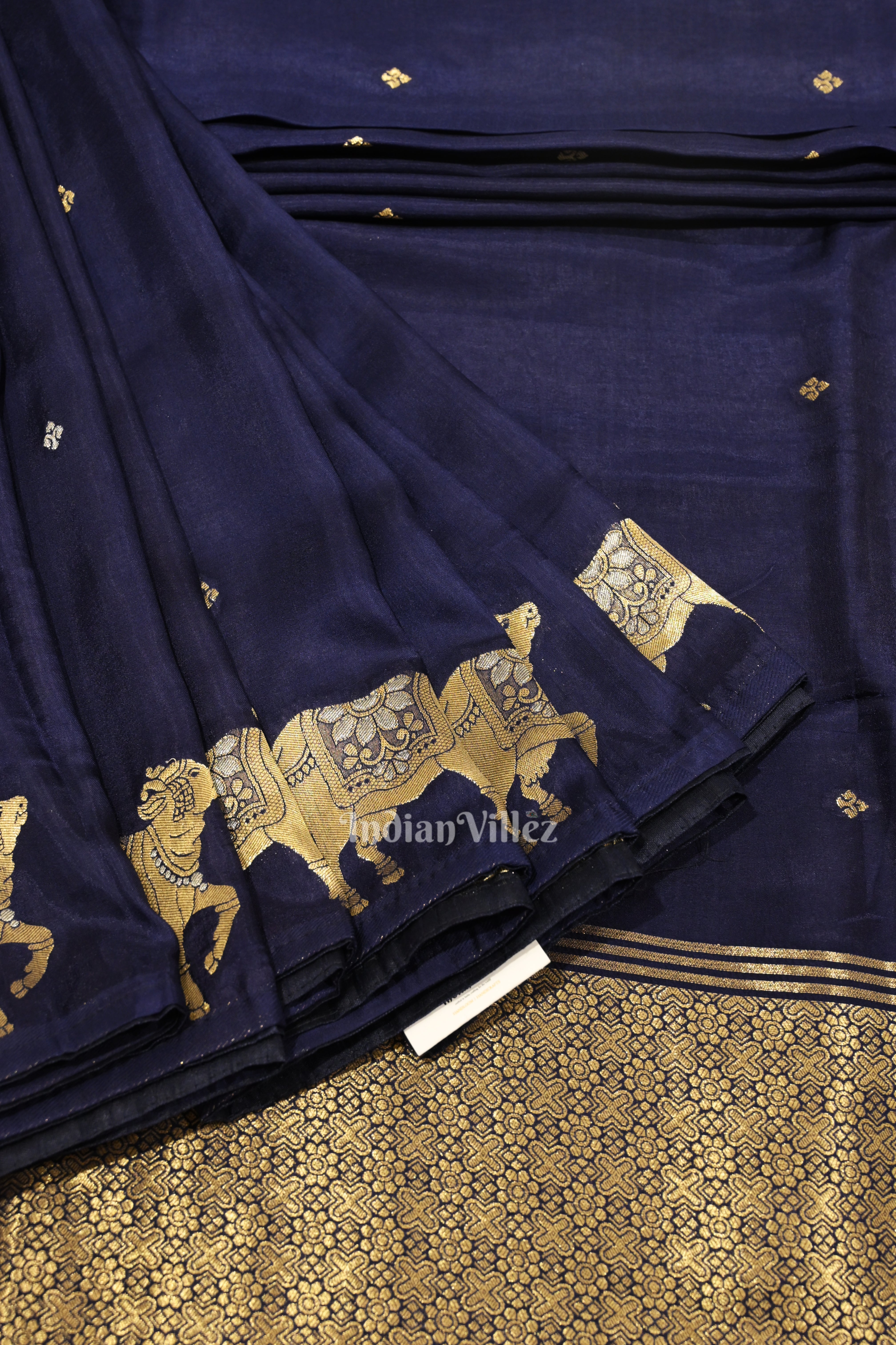 IndianVillèz Navy Blue Designer Katan Banarasi Silk Saree