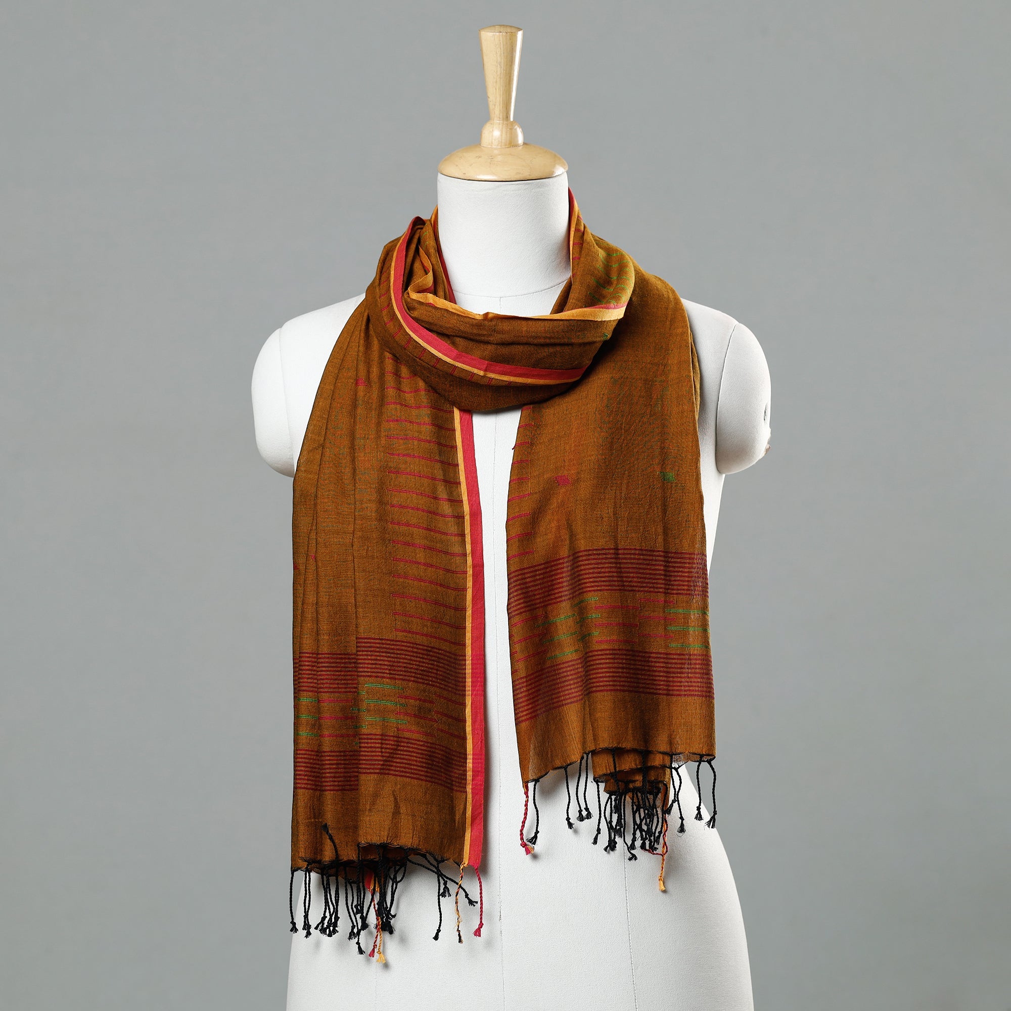 ALANKRITA Brown - Jamdani Handloom Cotton Stole with Tassels