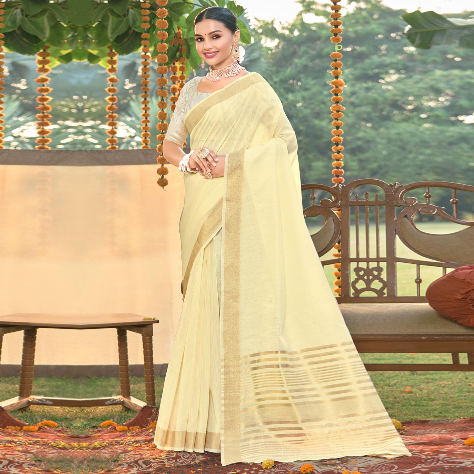 Peachmode Cream Woven Cotton Blend Saree – Women's
