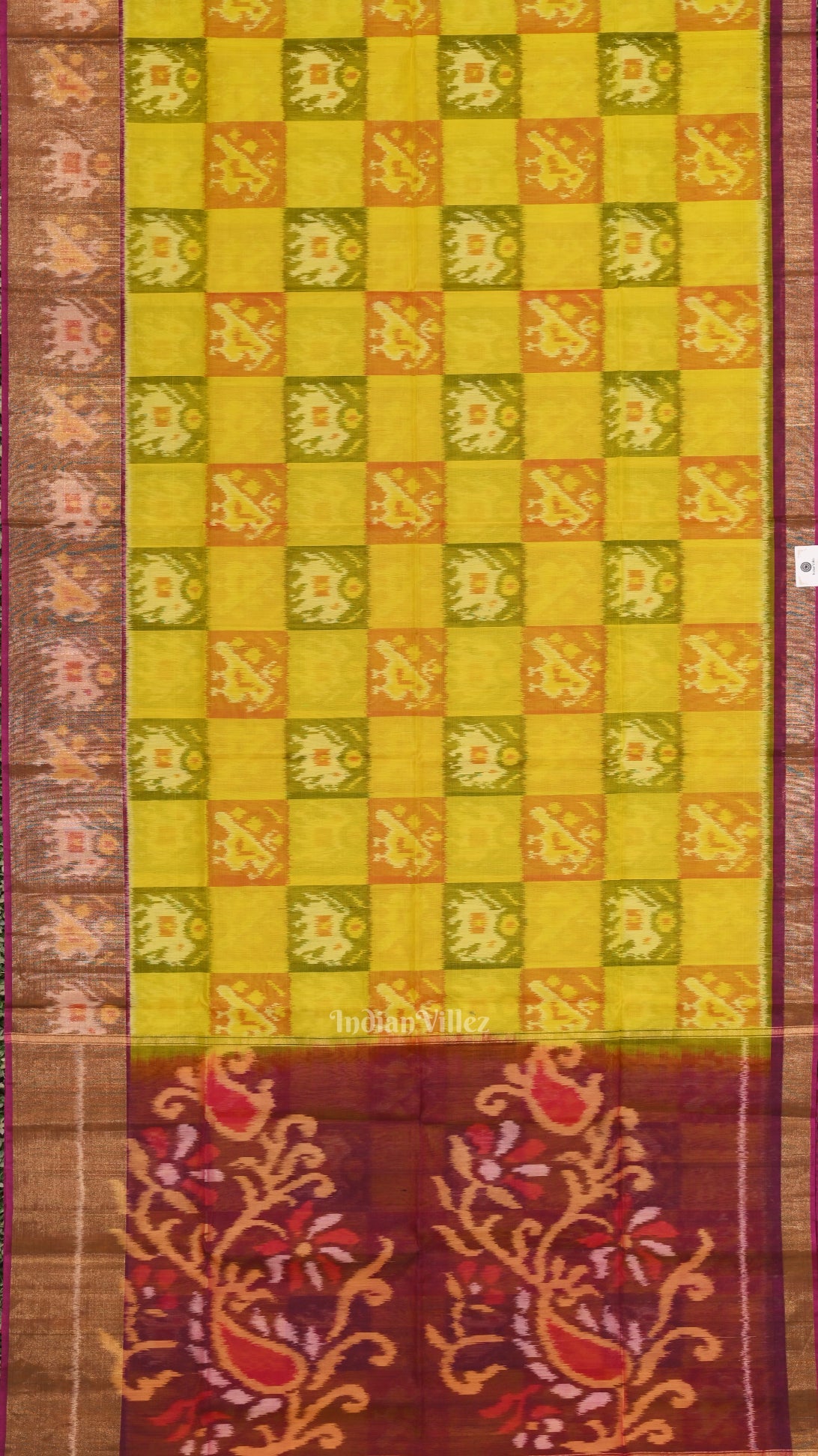 Silk cotton saree – IndianVillèz Yellow Purple Pochampally Ikat Sico (Silk & Cotton) Saree with Zari Border
