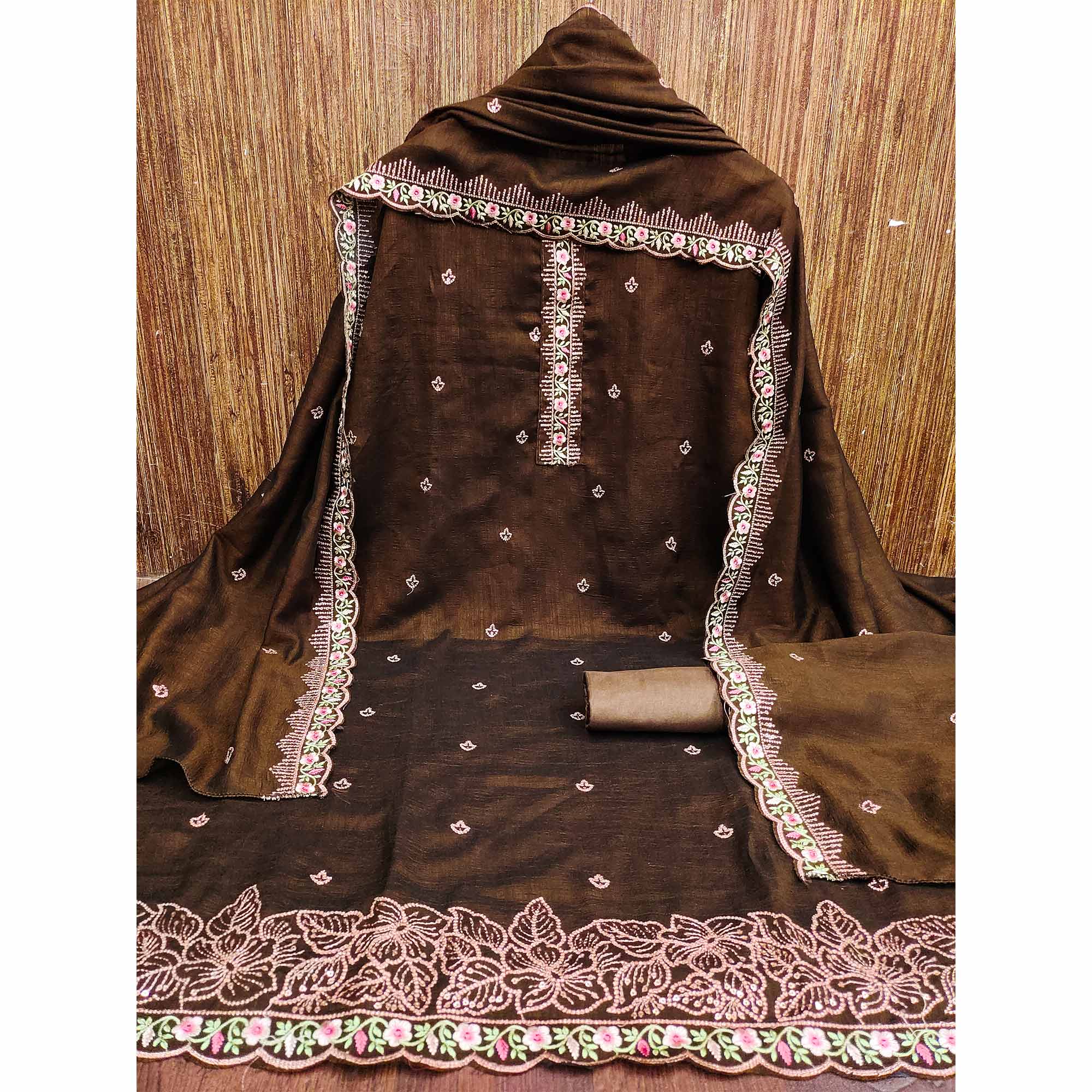 Peachmode Brown Floral Embroidered Vichitra Silk Dress Material - view 3
