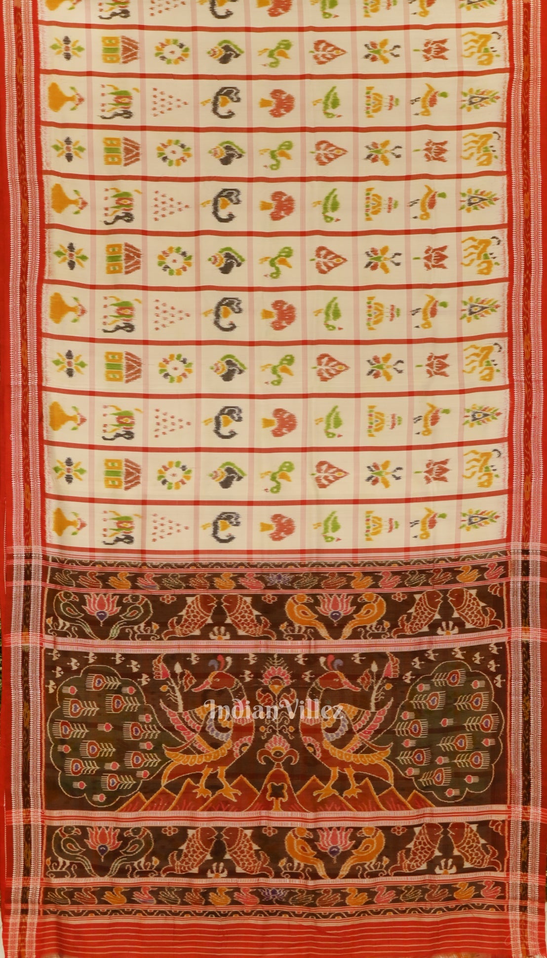 IndianVillèz White Red Nabakothi Khandua Silk Saree