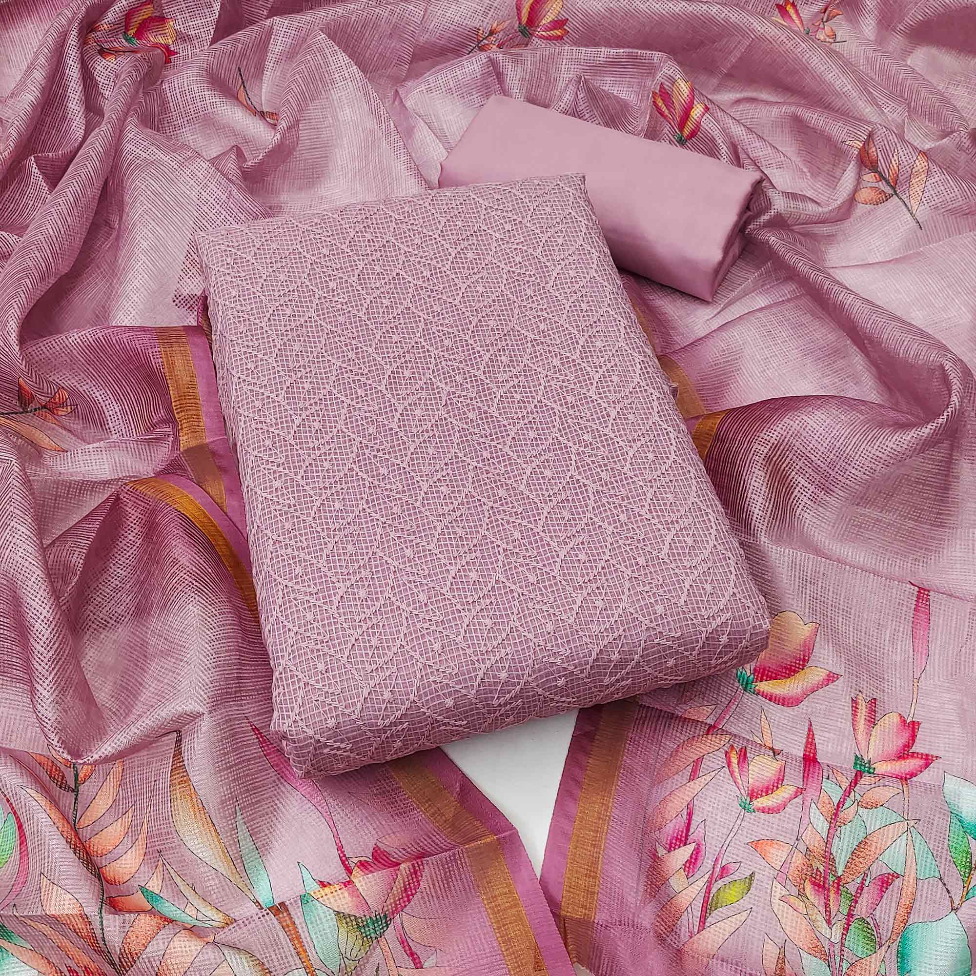 Peachmode Light Pink Embroidered Kota Doria Dress Material