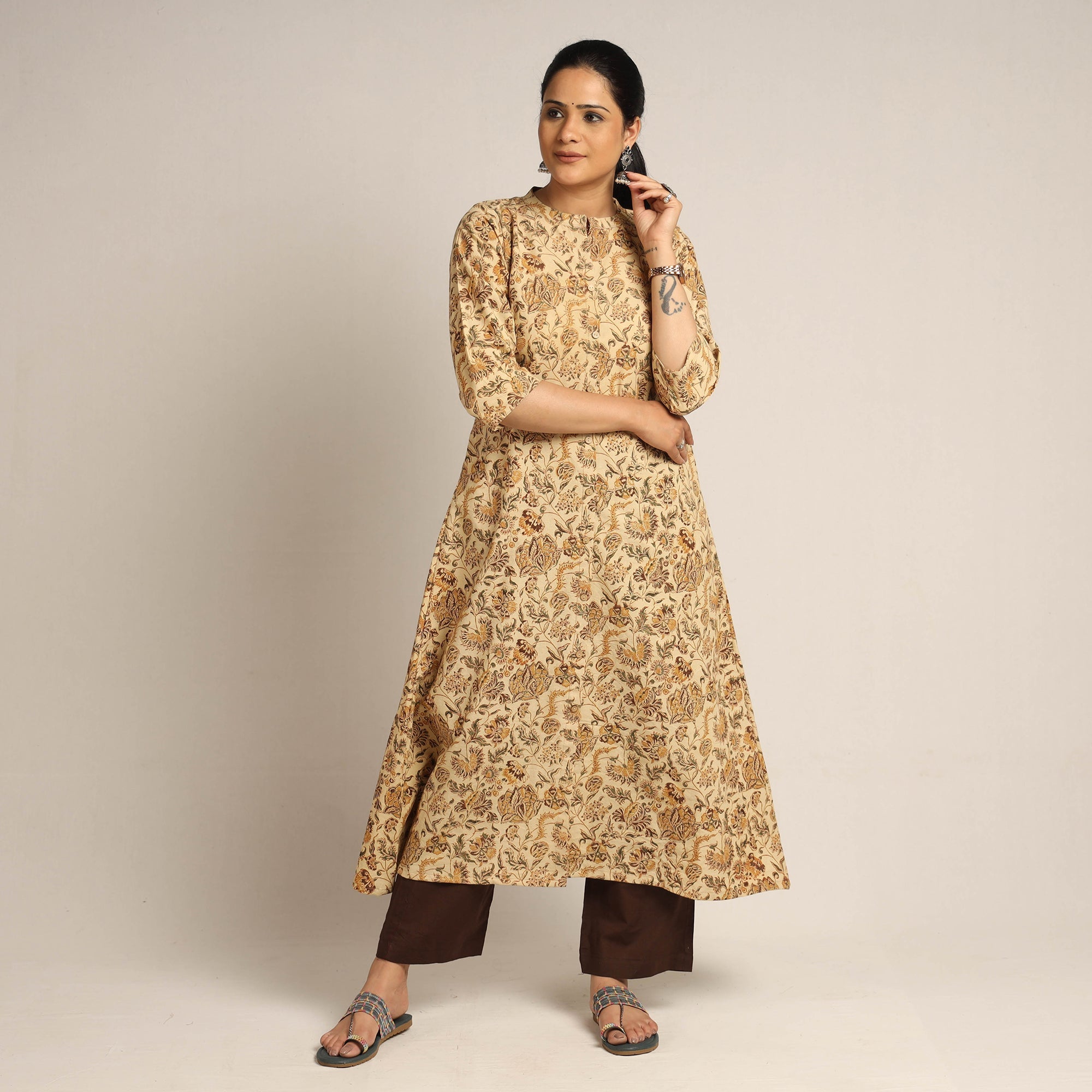 ITOKRI CASUALS Beige - Pedana Kalamkari Block Printed Cotton Kurta with Palazzo Set