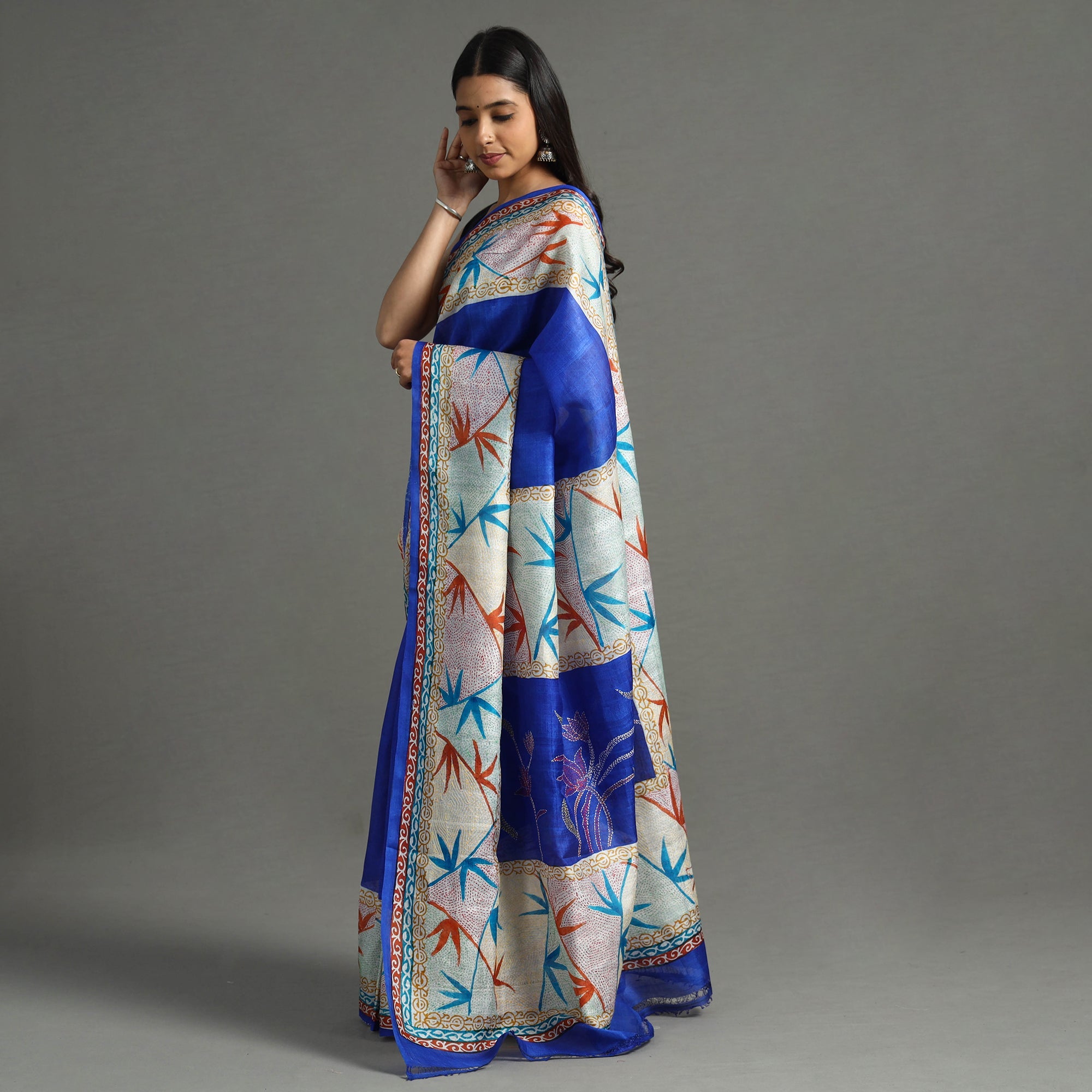 KHUSHBASH - HAPPY LOOM OF EAST Blue - Bengal Kantha Hand Embroidery Block Printed Tussar Silk Handloom Saree - view 3