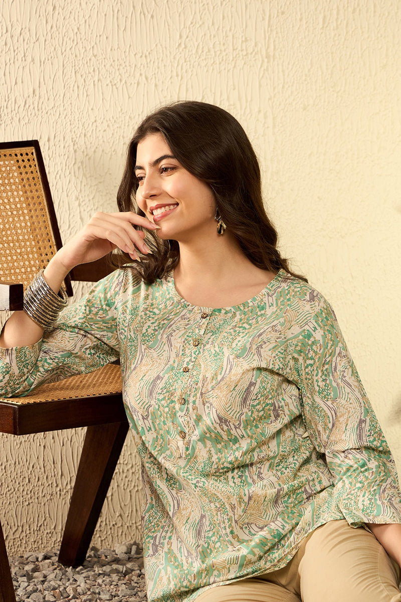 Ahika Green Cotton Blend Abstract Printed Regular Tunic VT1290
