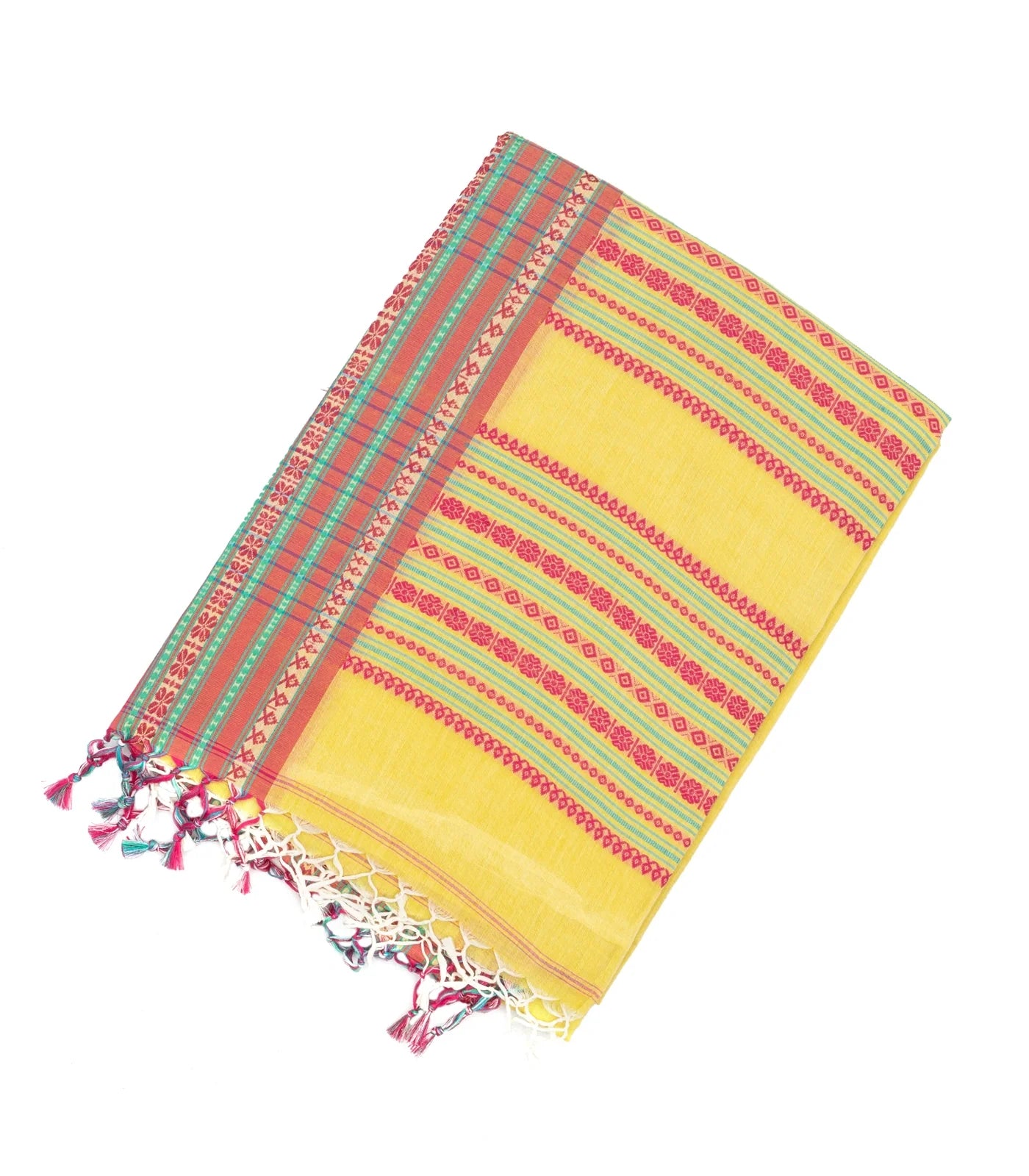RmKV Lemon Yellow Handloom Bengal Cotton Saree With Contrast Border