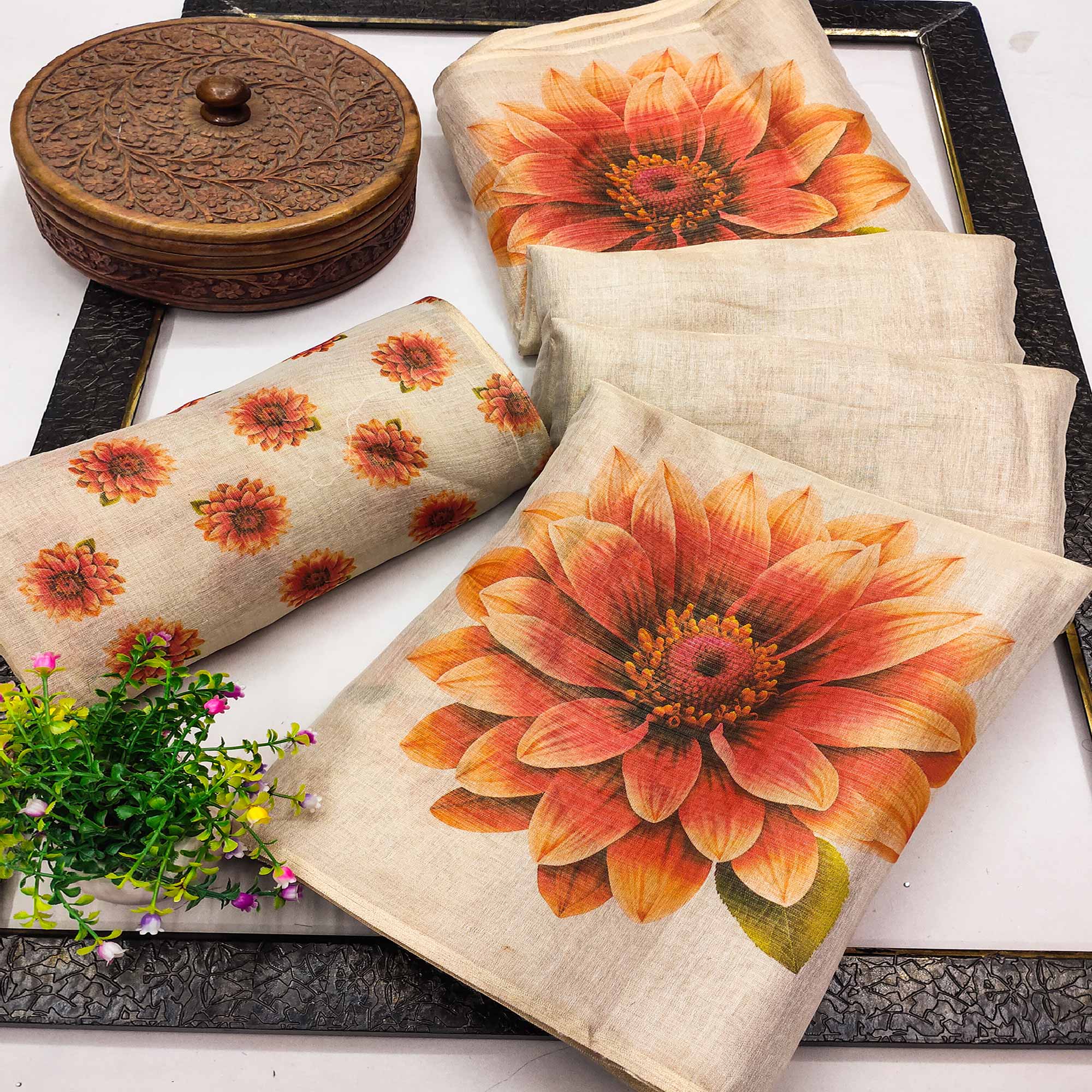 Peachmode Light Chikoo Floral Printed Art Silk Saree