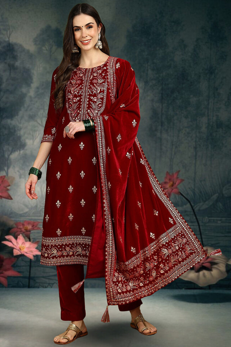 Ahika Red Velvet Ethnic Motifs Printed Straight Suit Set PKSKD2767